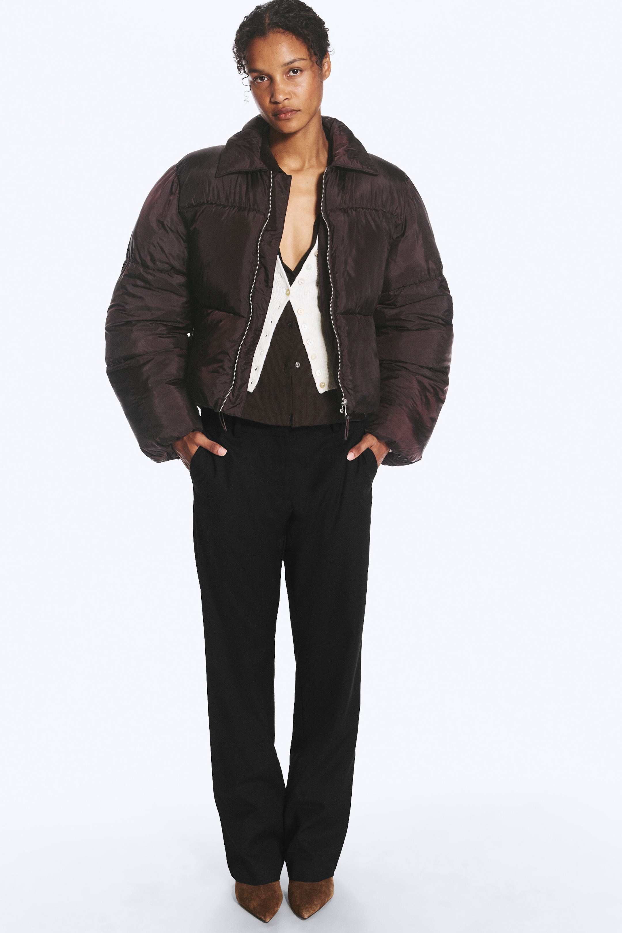 Dark Brown - Collared Puffer Jacket - 1