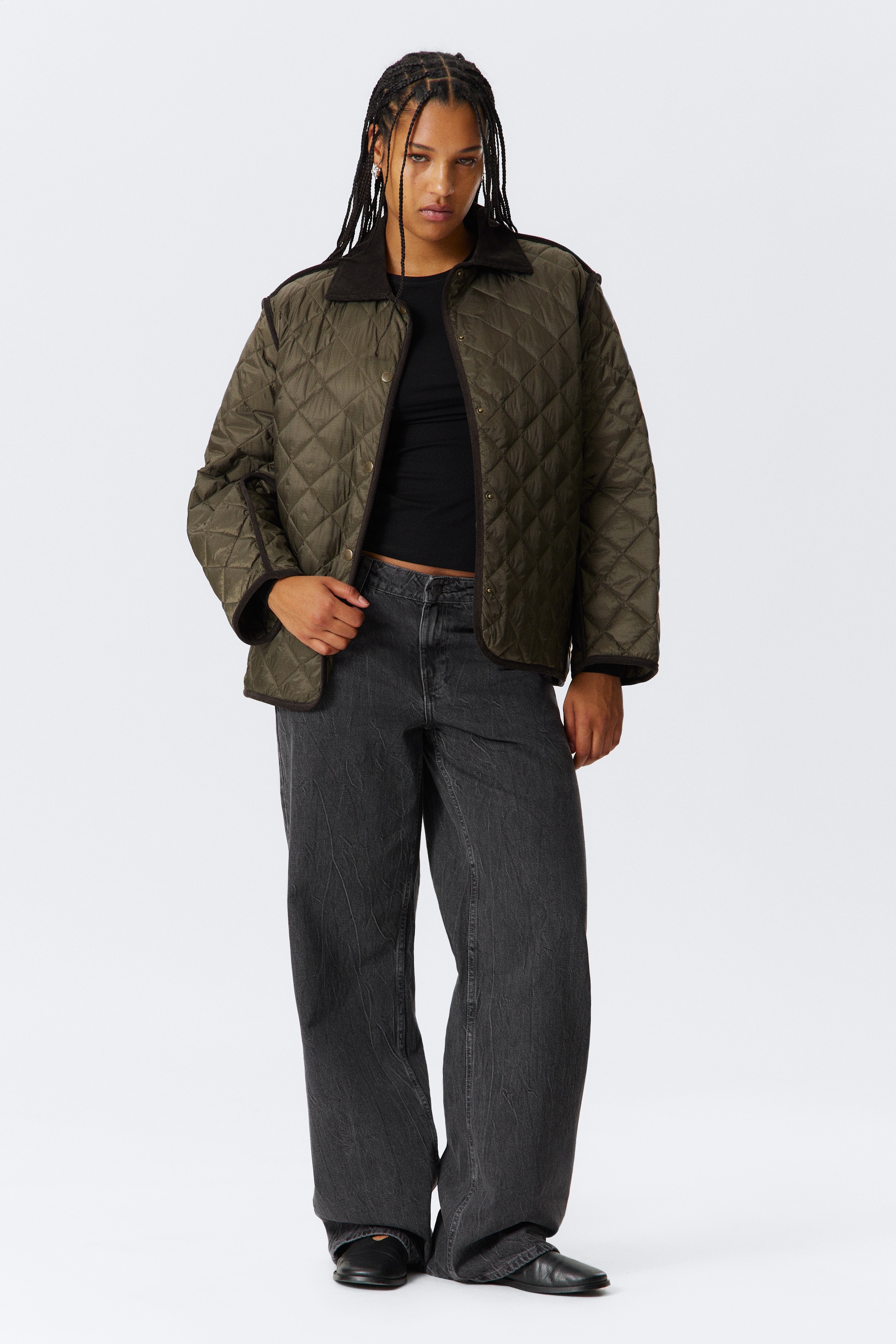 Oversized Quilted Liner Jacket - Khaki Green & Brown
