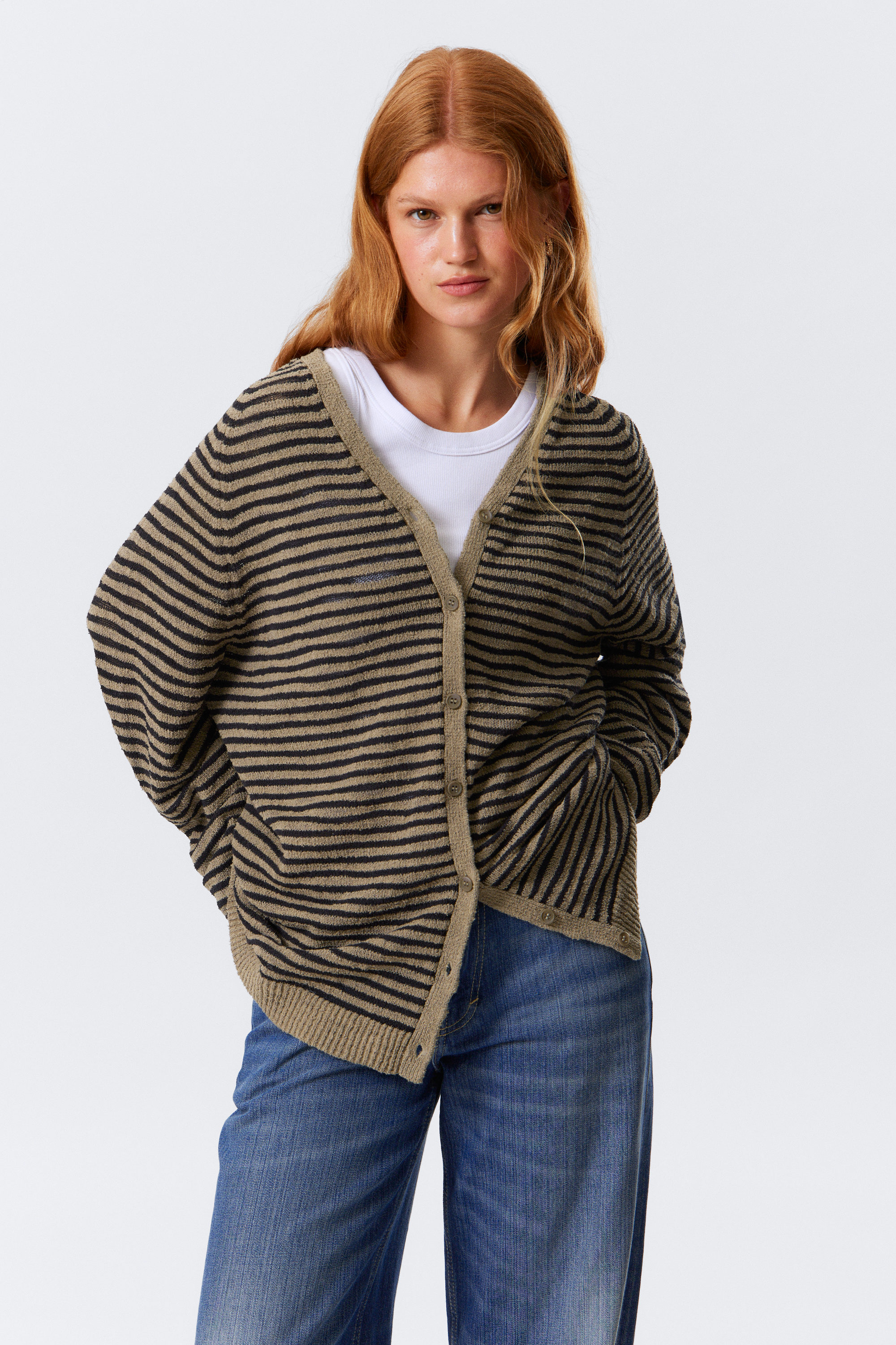 Beige - Black Stripe - Loose Knitted V-neck Cardigan - 1
