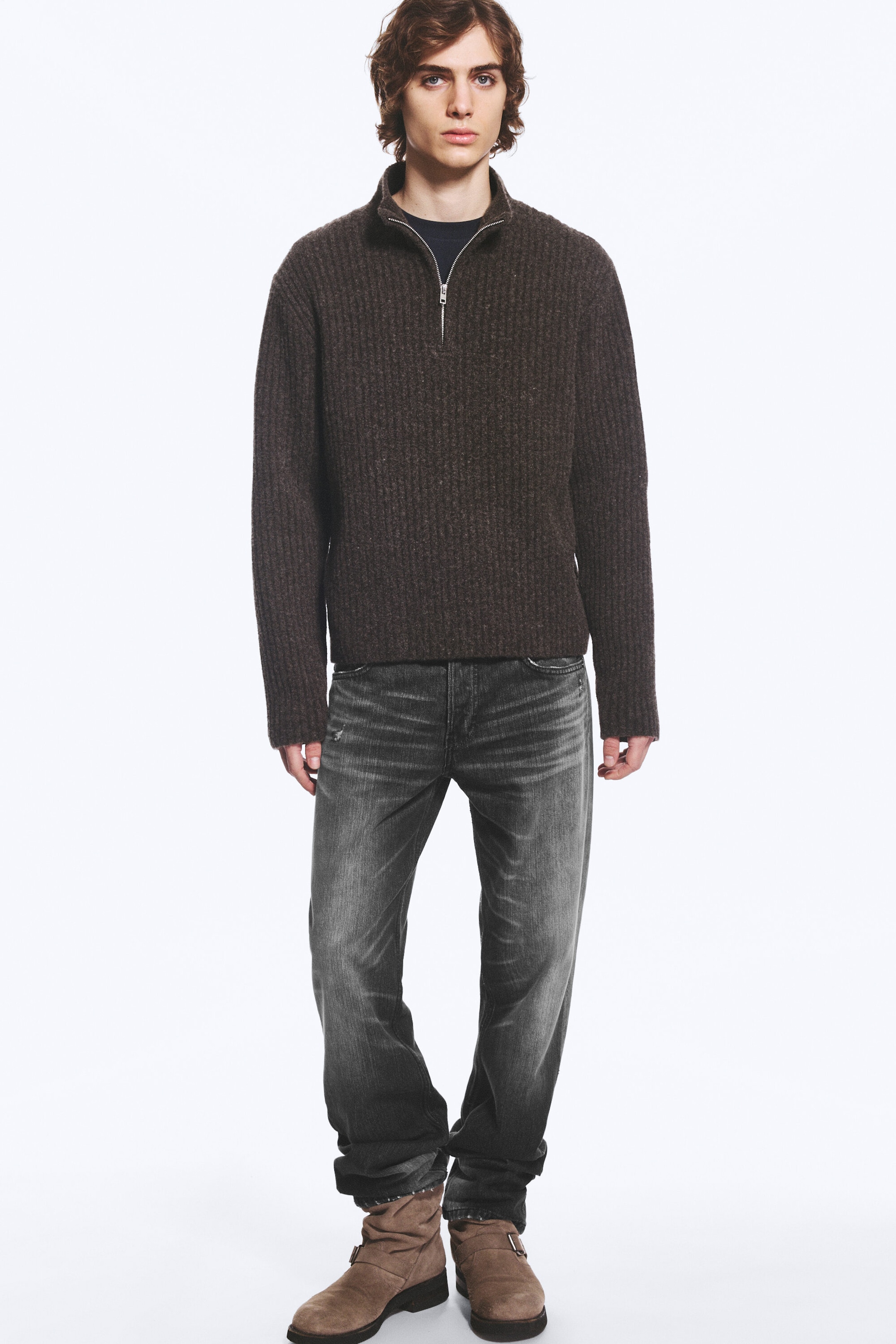 Dunkelbraun - Half-Zip-Sweater aus Wollmischung - 2