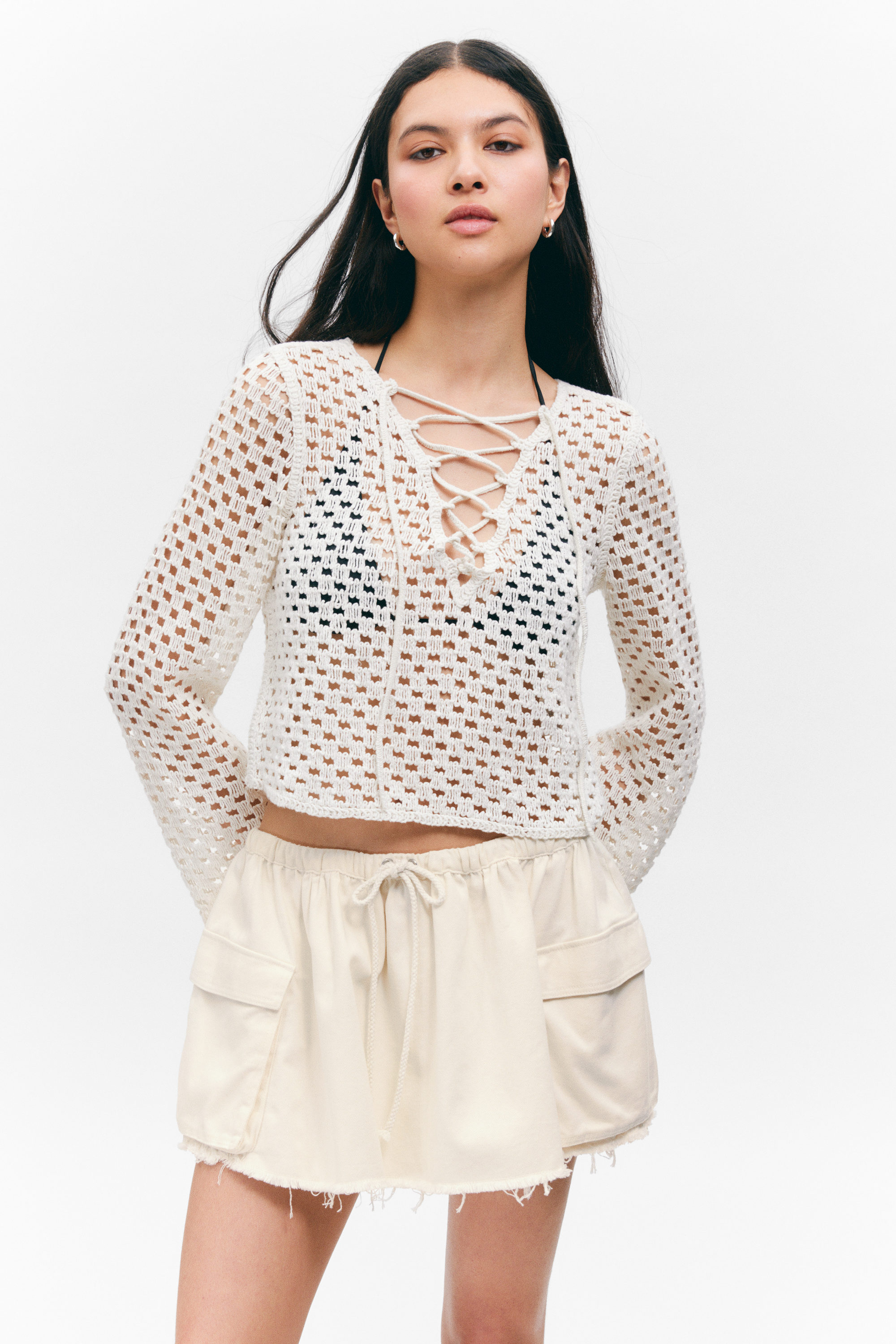 #ECE9E2 - Crochet Knit Long-Sleeved Top - 1