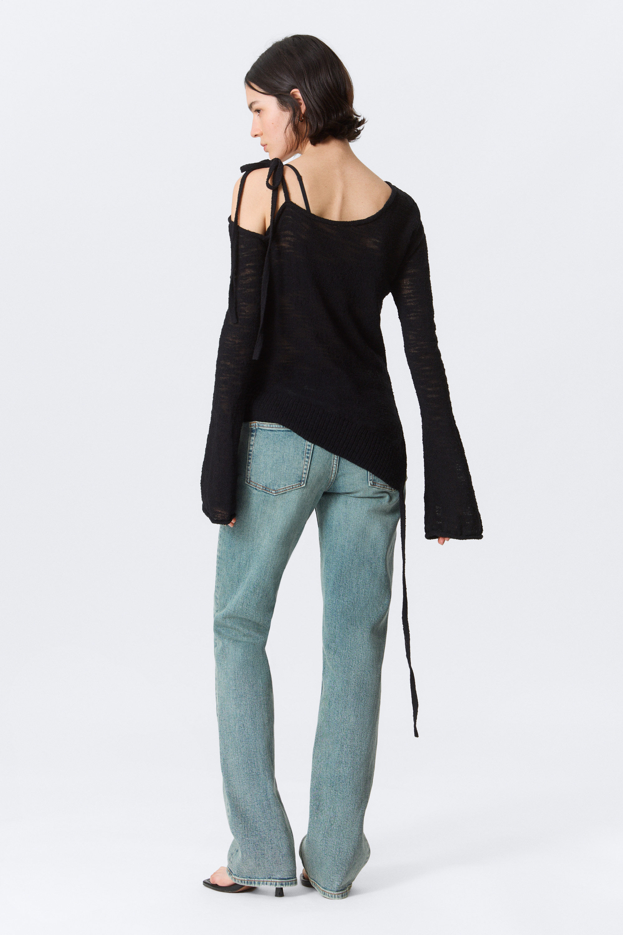 Black - Asymmetric Tie-Shoulder Knitted Sweater - 3