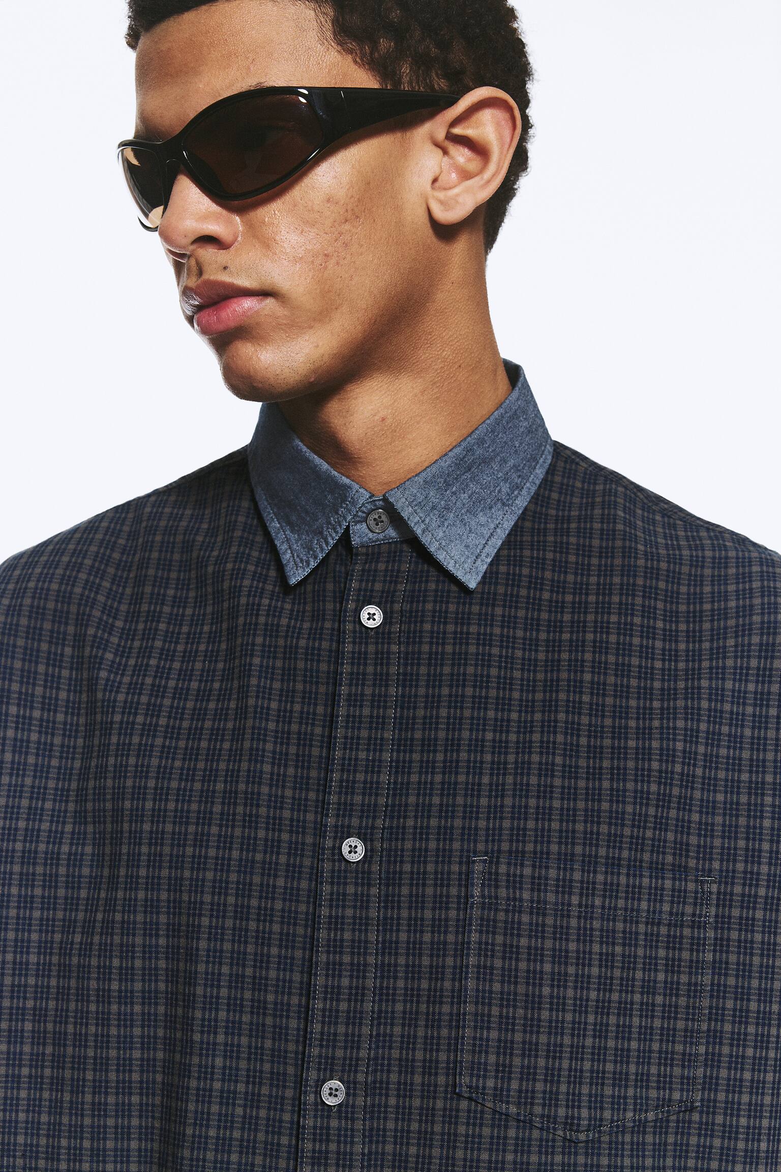 Relaxed Checked Cotton Shirt - Checked Grey - Contrast Denim - 4