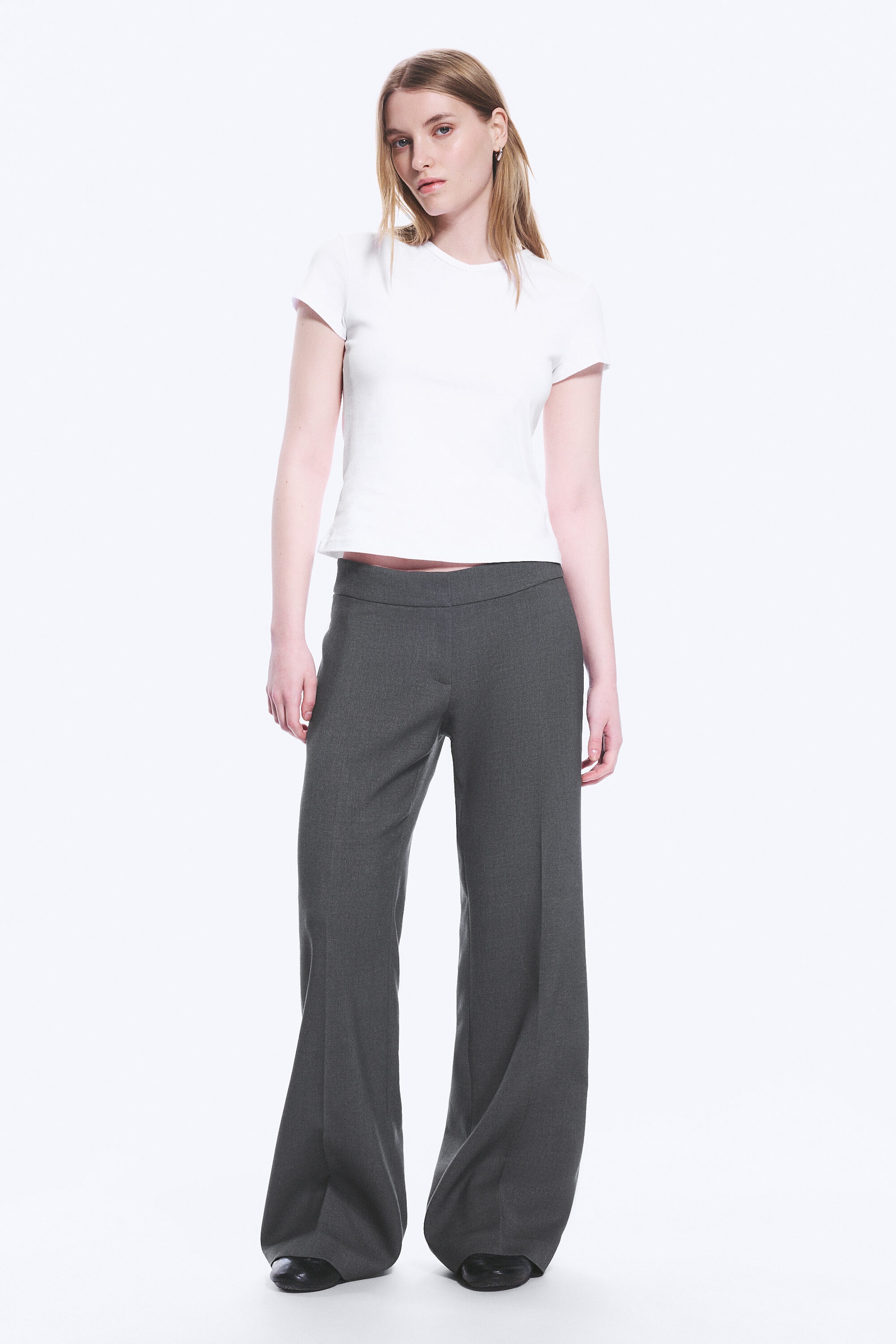 Dark Grey Melange - Mid Rise Flared Suiting Trousers - 1