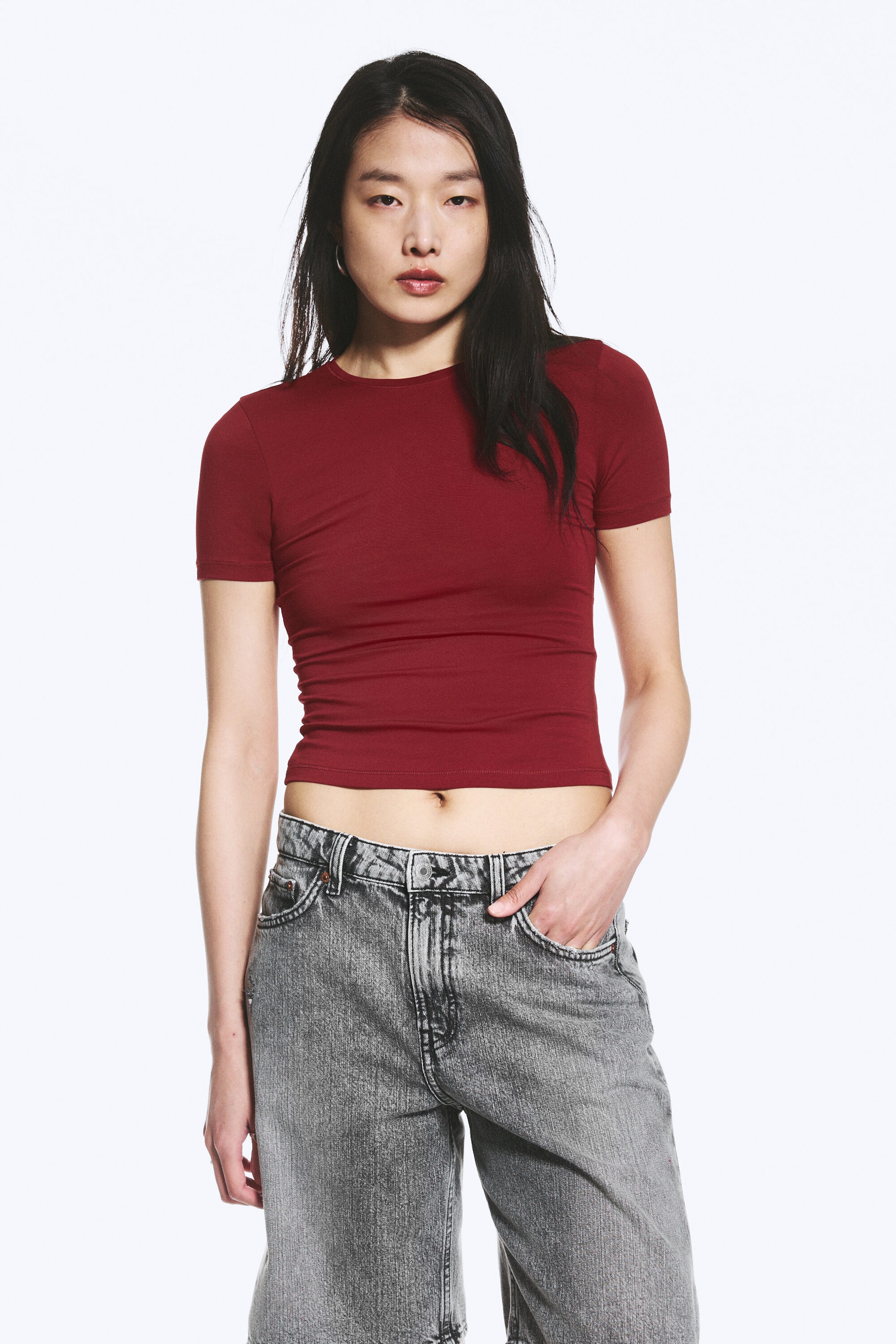 Dunkelrot - Schmal geschnittenes T-Shirt - 1