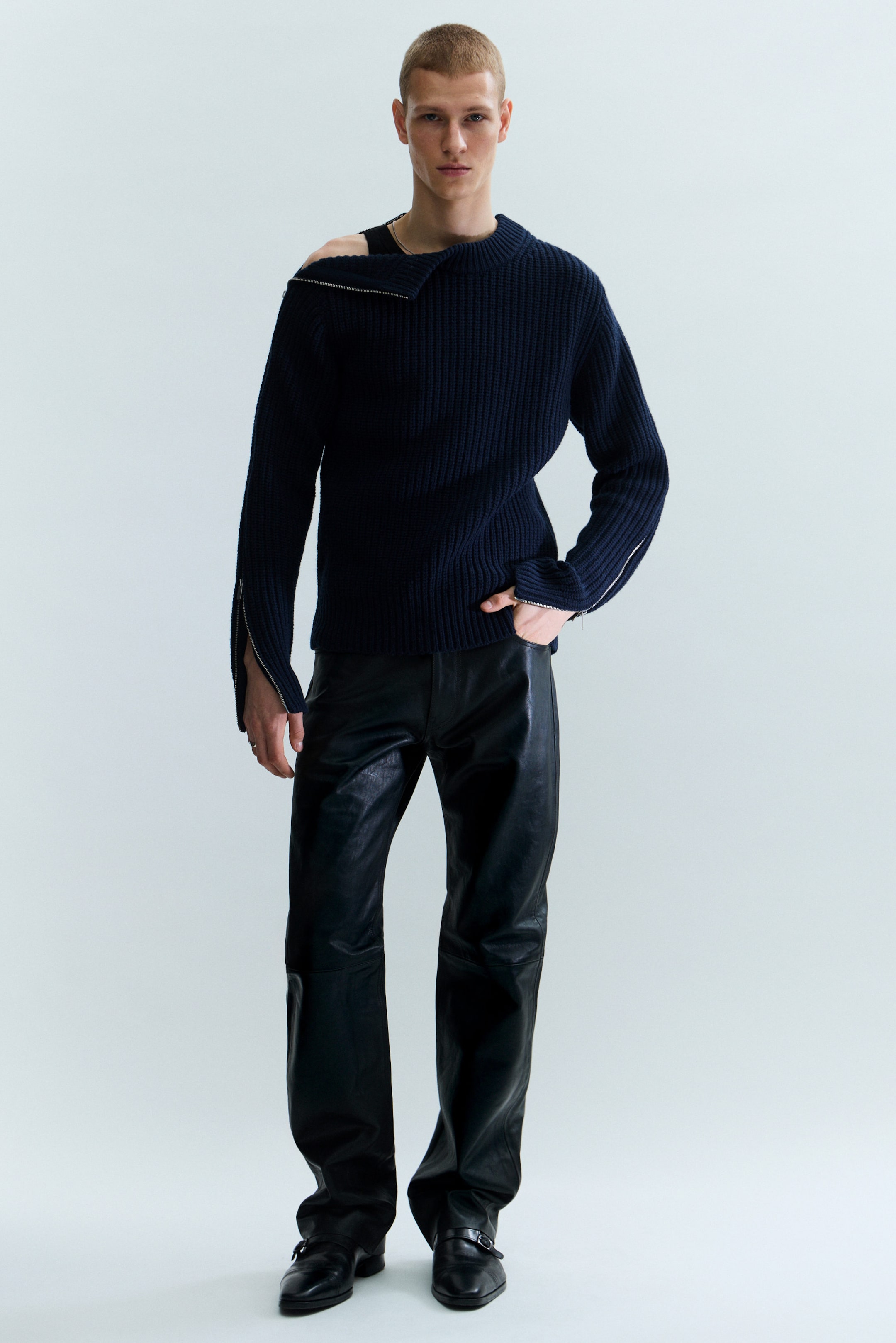 Navy Blue - Slim Zip-Sleeve Wool Sweater - 2