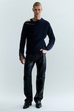 Navy Blue - Slim Zip-Sleeve Wool Sweater - 1