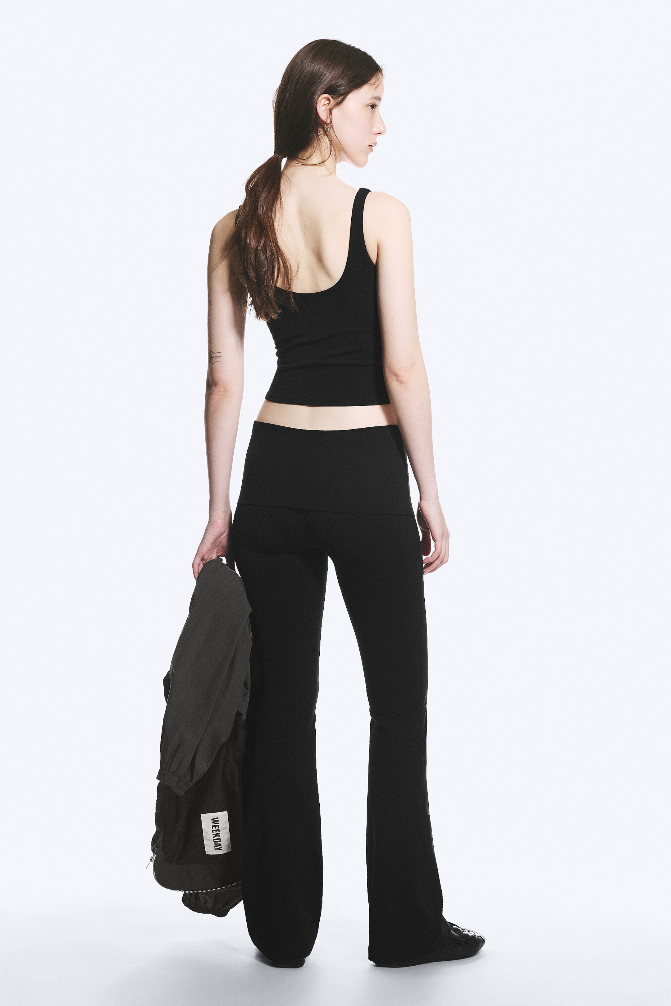 Black - Folded Waist Flared Yoga Tights - 2