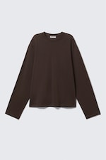 Dark Brown - Long-Sleeved Boxy Cotton T-shirt - 0