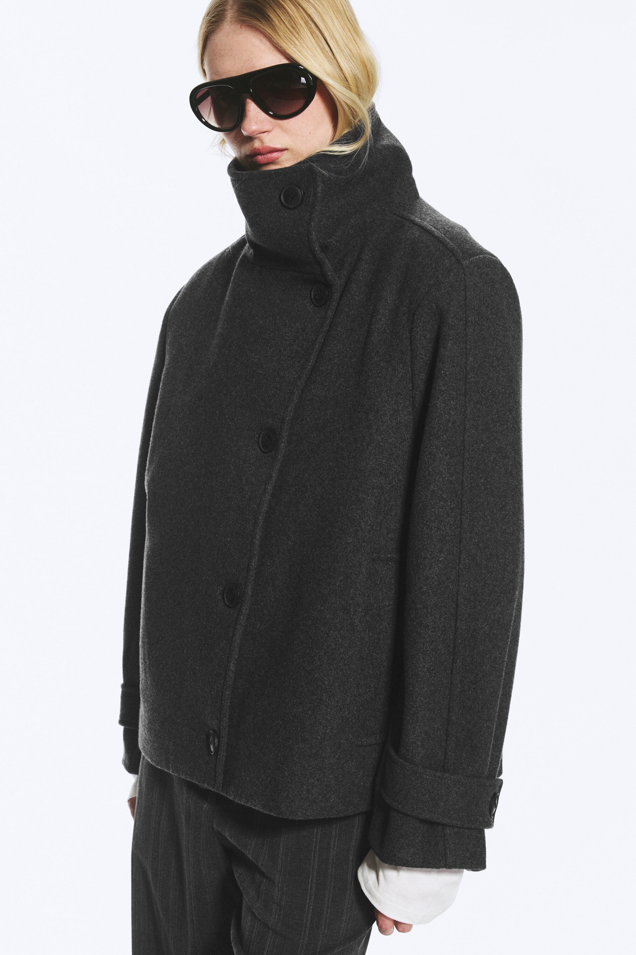 Dark Grey Melange - Funnel collar wool-blend jacket - 3
