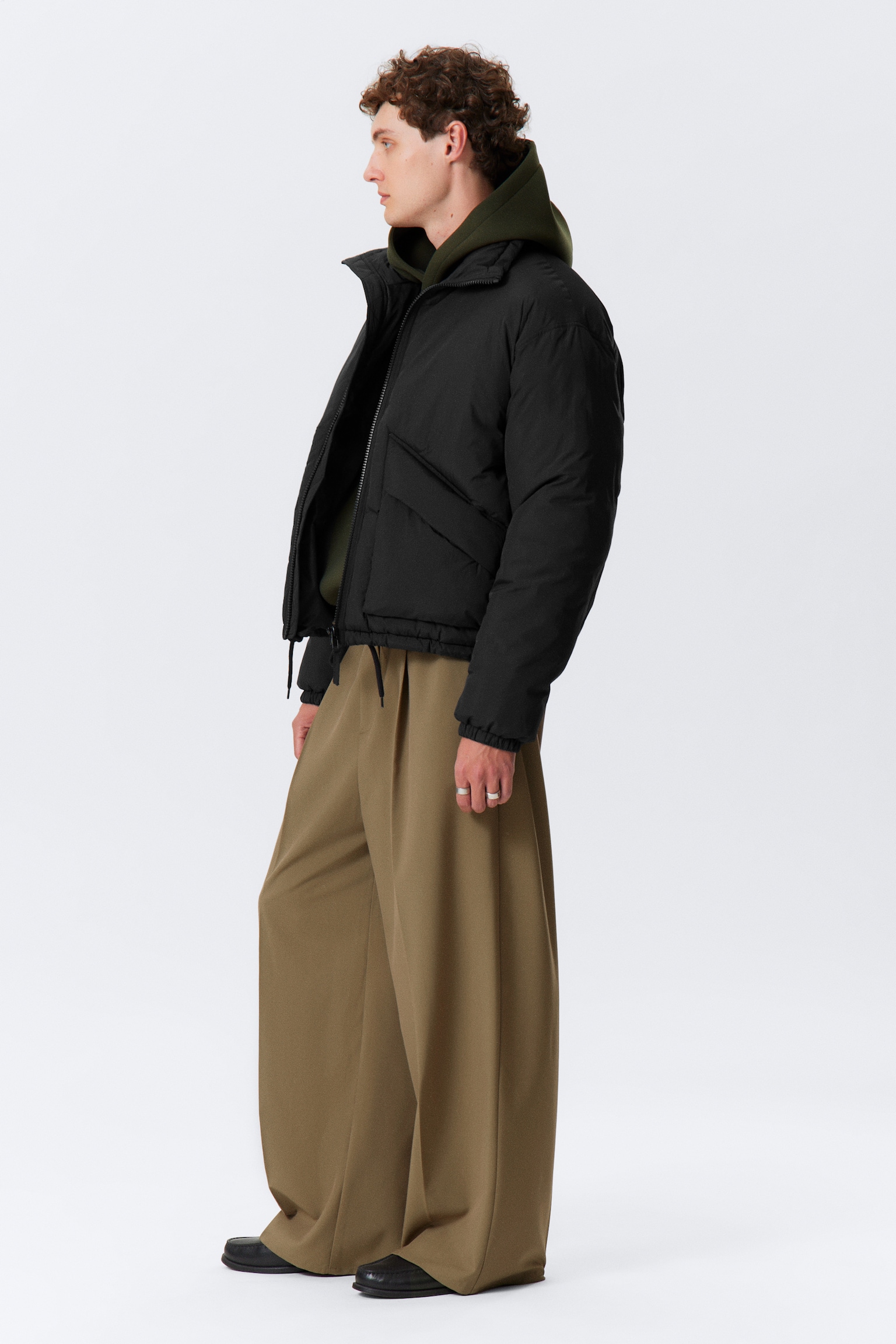 Padded Drawstring Nylon Jacket - Zwart/Saliegroen - 3