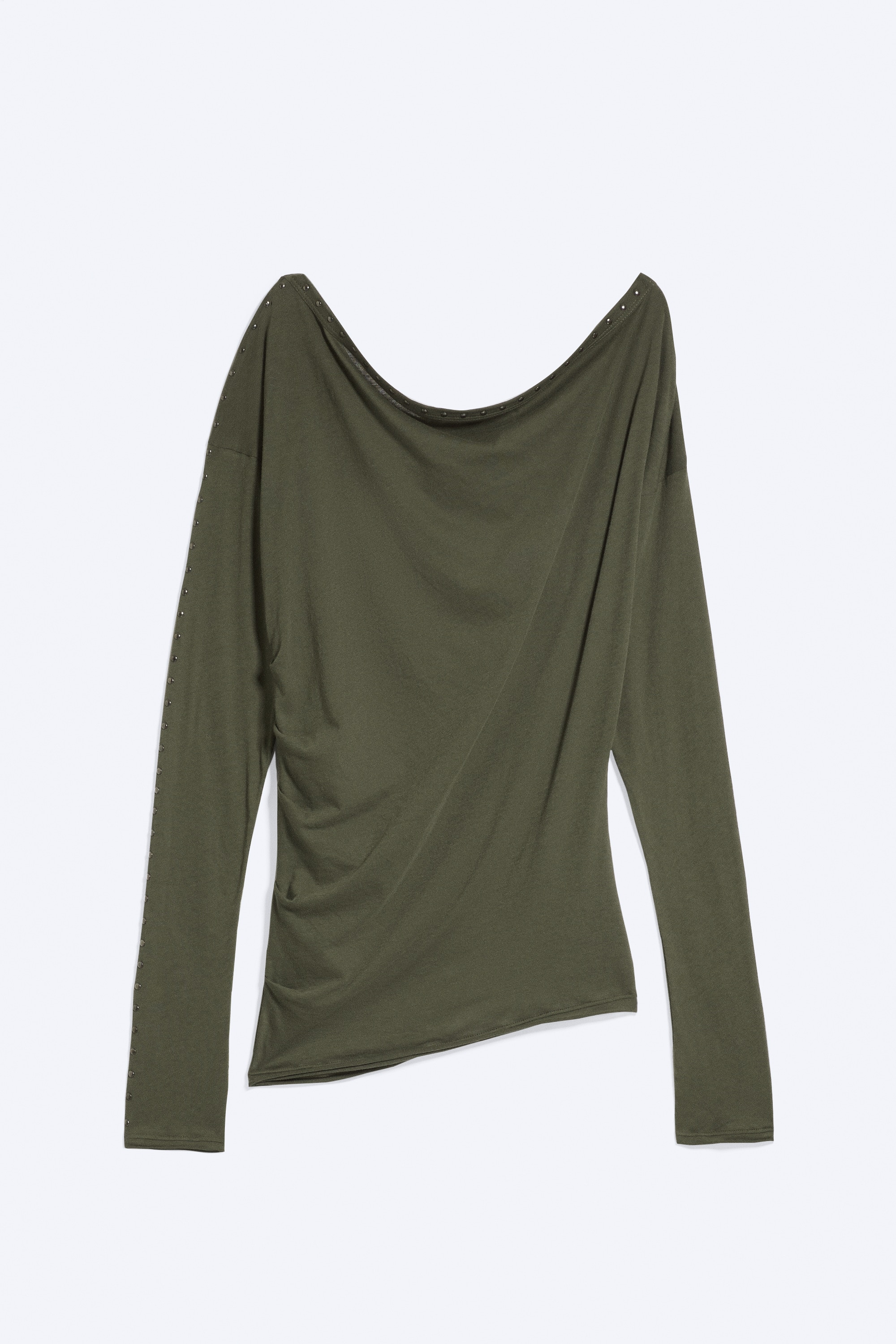 Langarmtop mit Nieten und Off-Shoulder-Ausschnitt - Dunkles Khakigrün