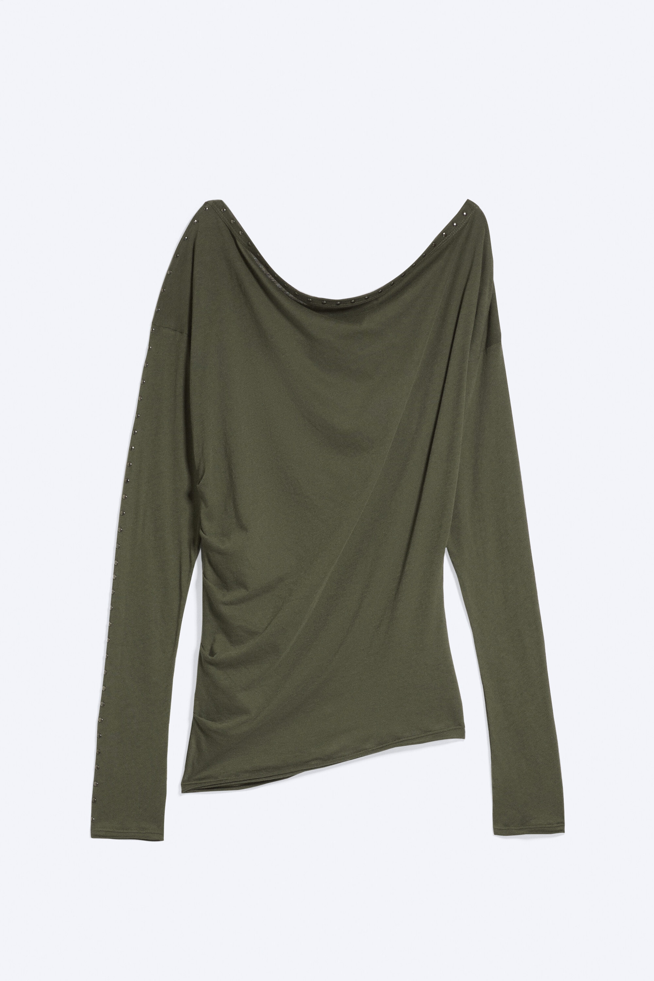Vert kaki foncé - Top clouté à épaules dénudées et manches longues - 4