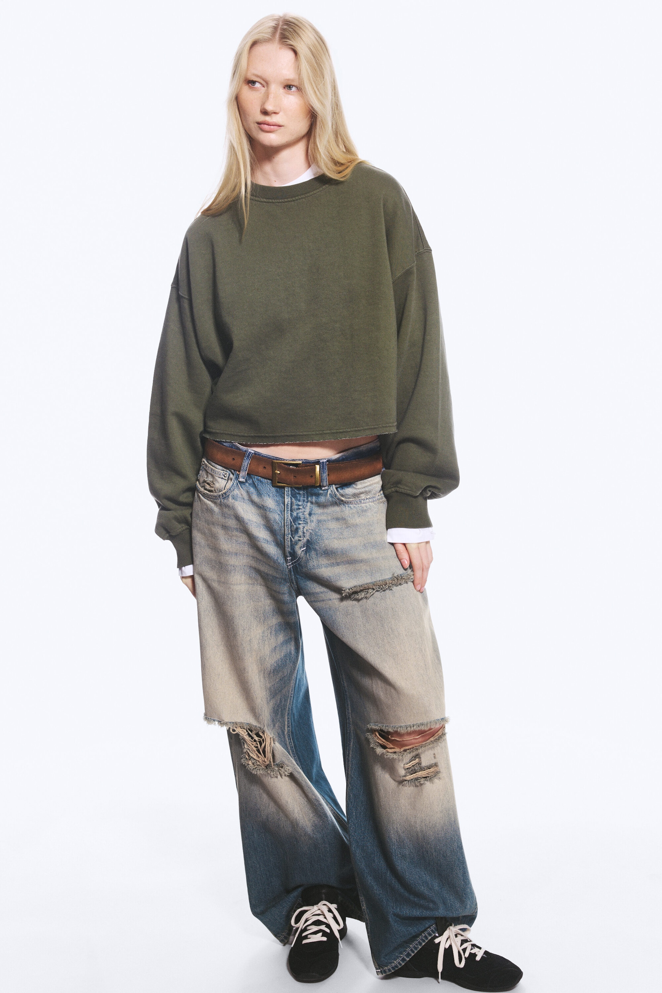 Washed Dark Khaki Green - Cropped Oversized Sweatshirt - 1