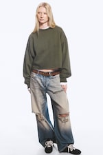 Washed Dark Khaki Green - Cropped Oversized Sweatshirt - 1
