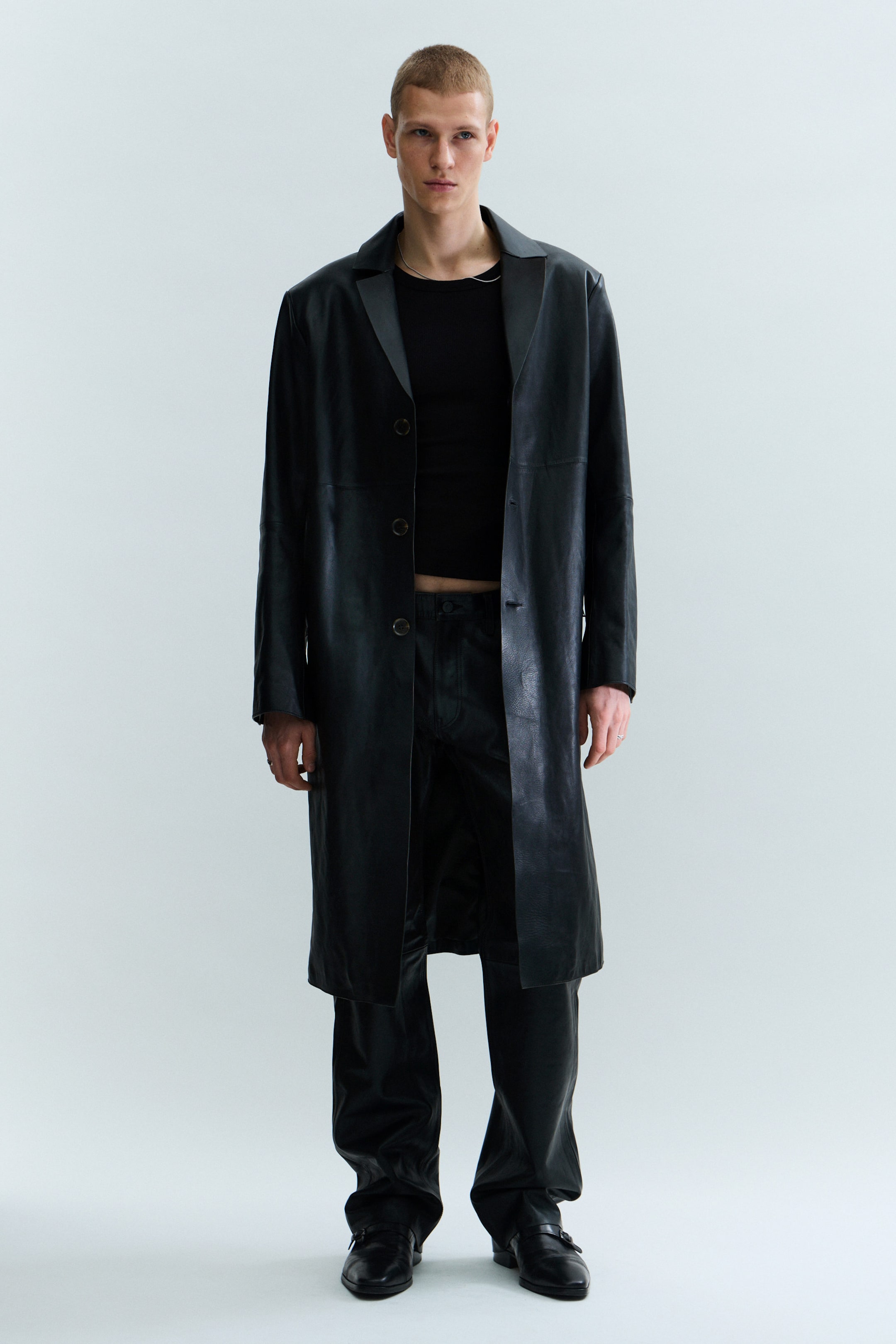 Black - Single-Breasted Leather Coat - 1