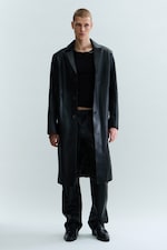 Black - Single-Breasted Leather Coat - 0