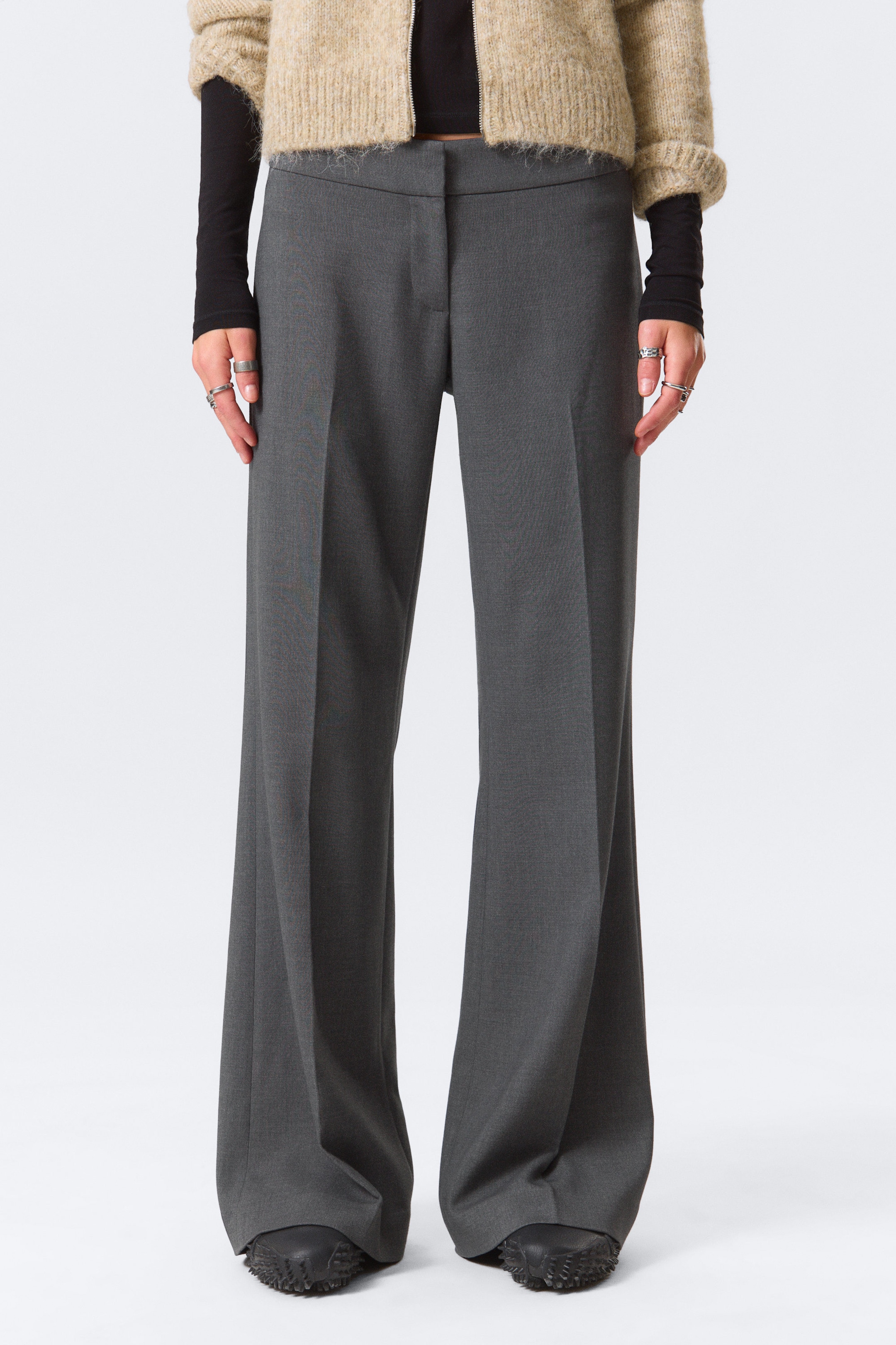 Dark Grey Melange - Mid Rise Flared Suiting Trousers - 2