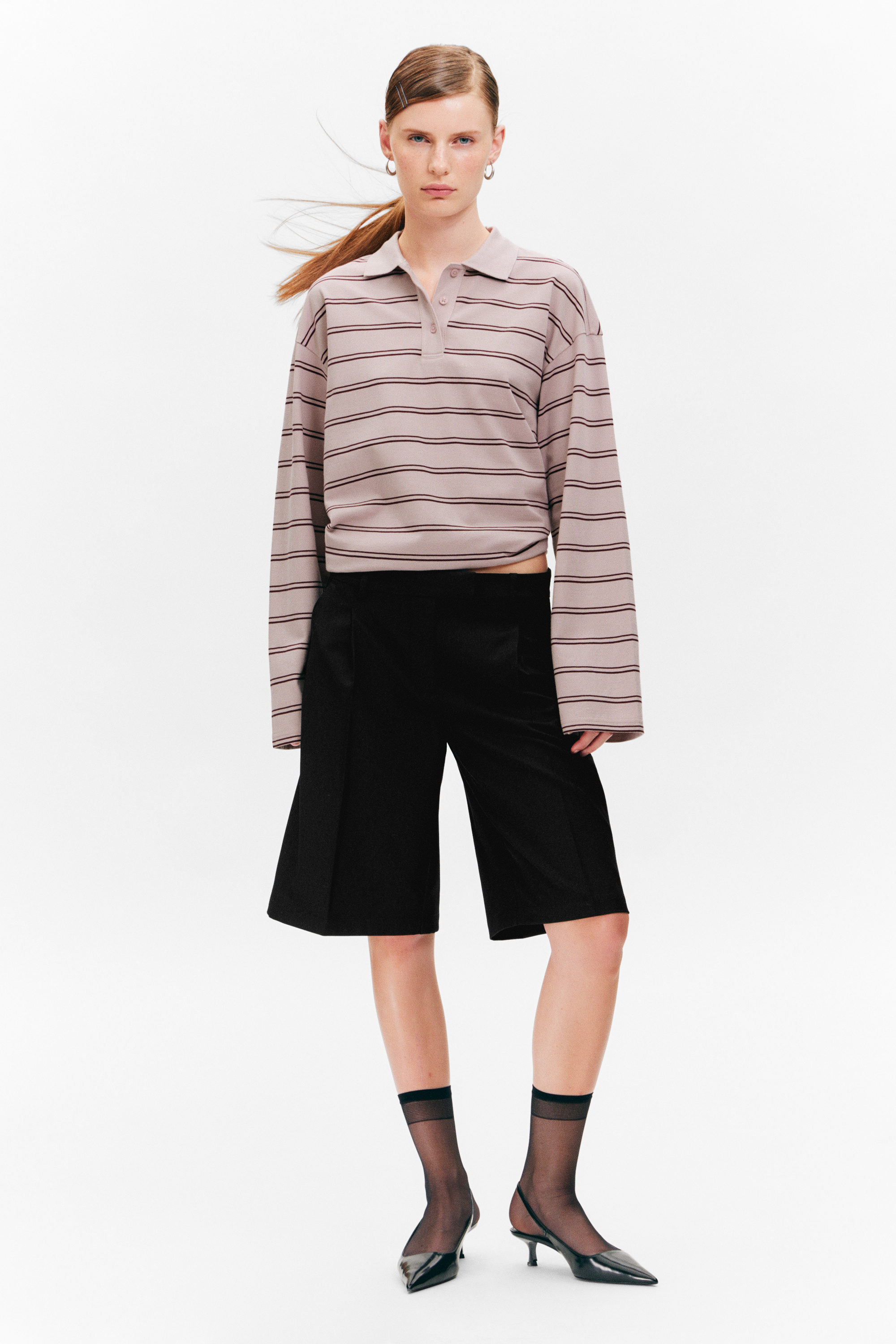 Striped Light Pink - Long-Sleeved Cotton Polo Top - 1