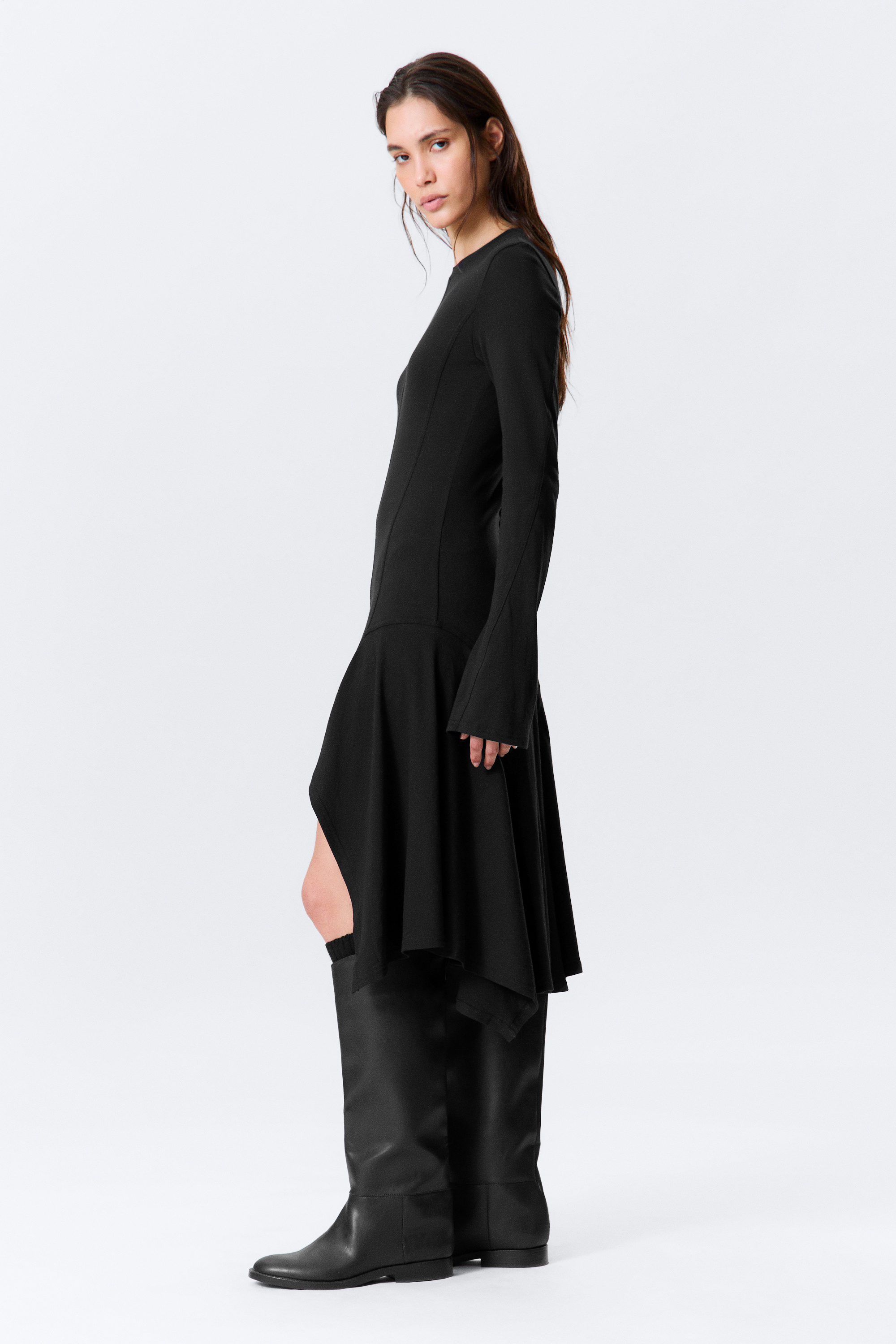 Black - Long-Sleeved Asymmetric Midi Dress - 2