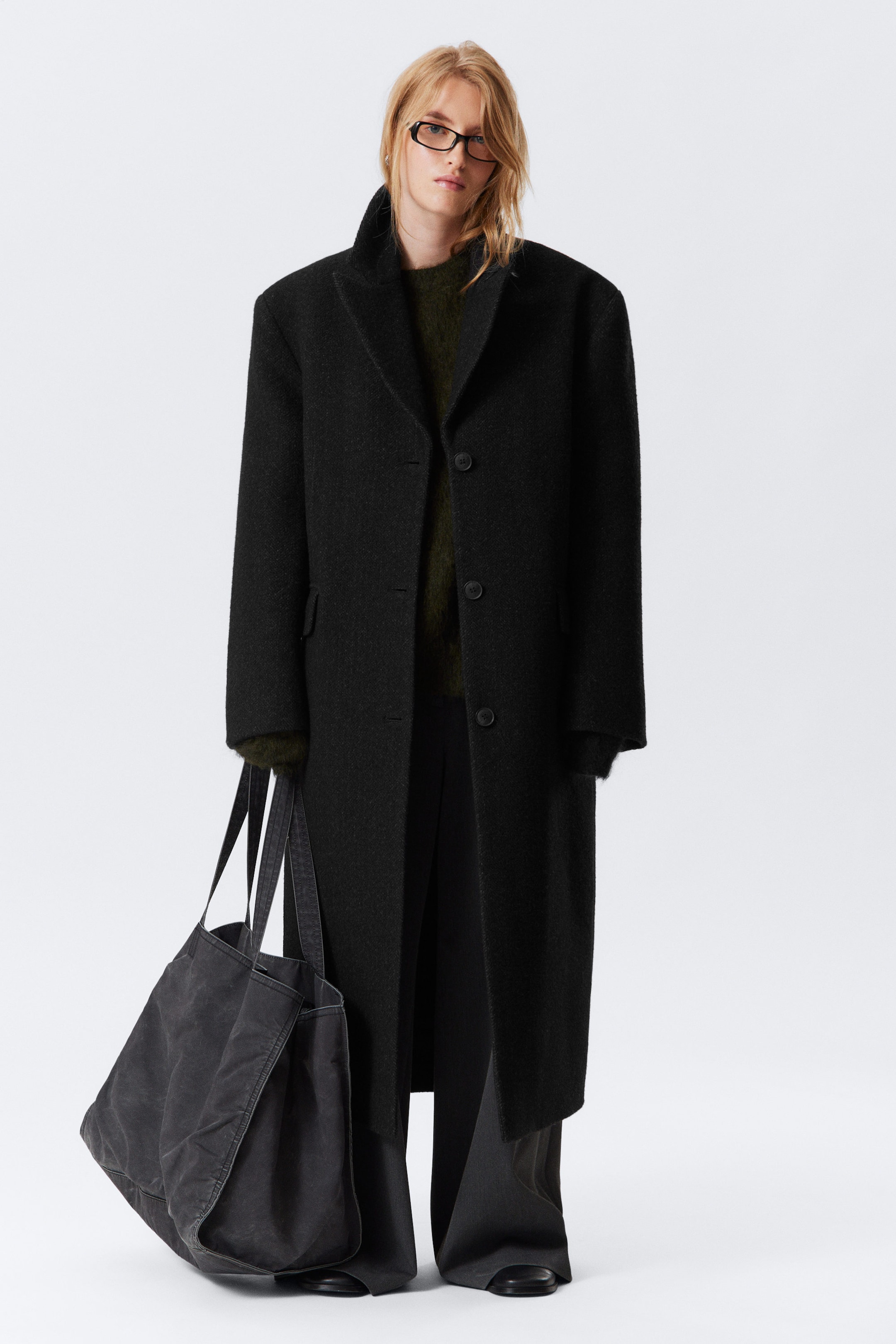 Black Herringbone - OVERSIZED WOOL-BLEND COAT - 1
