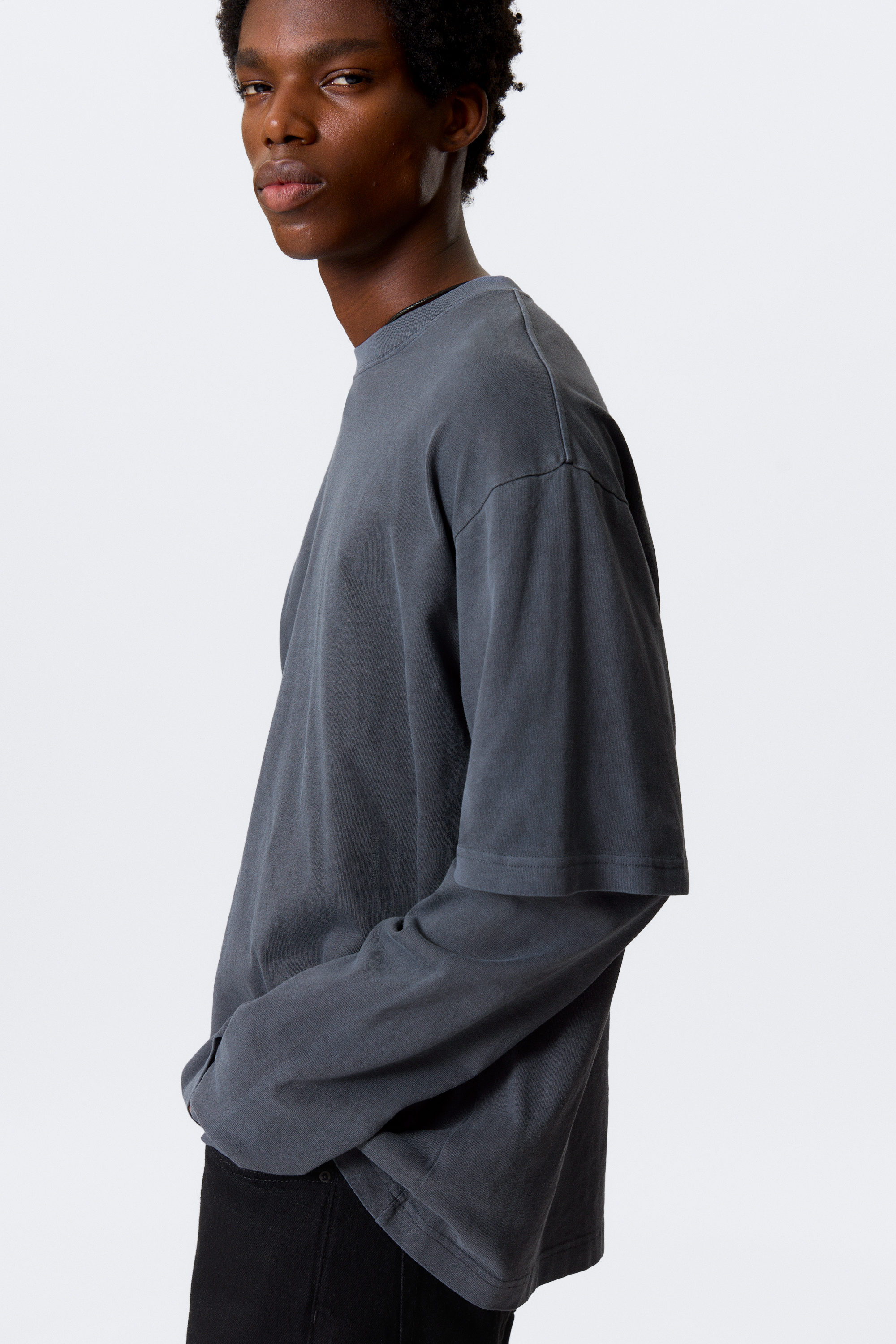 Washed Dark Blue - Double-Layered Cotton T-shirt - 4