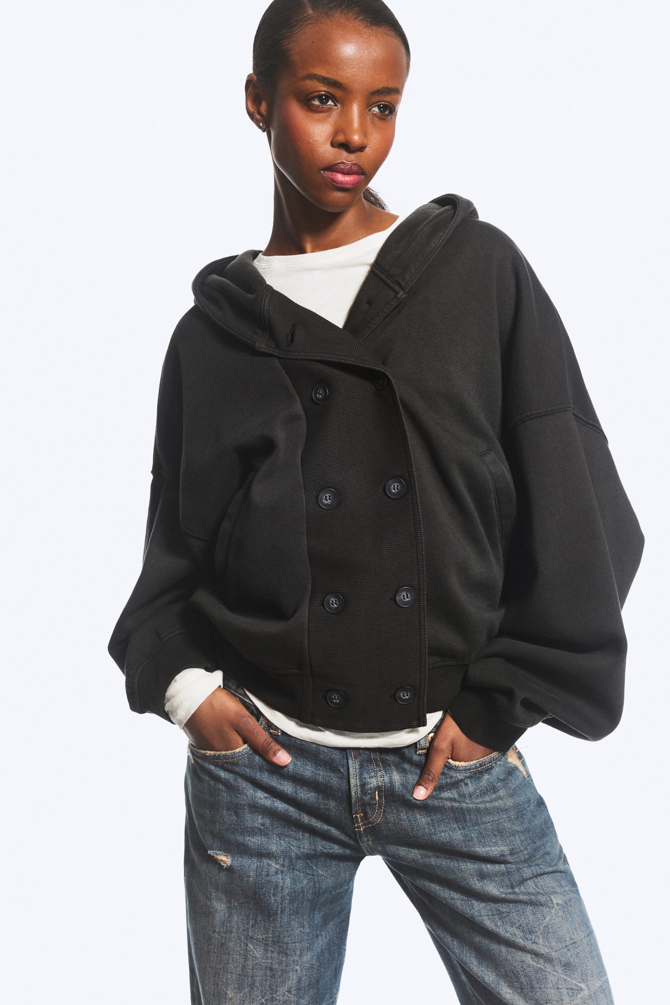 Zwart - Oversized Double-Breasted Hoodie - 1