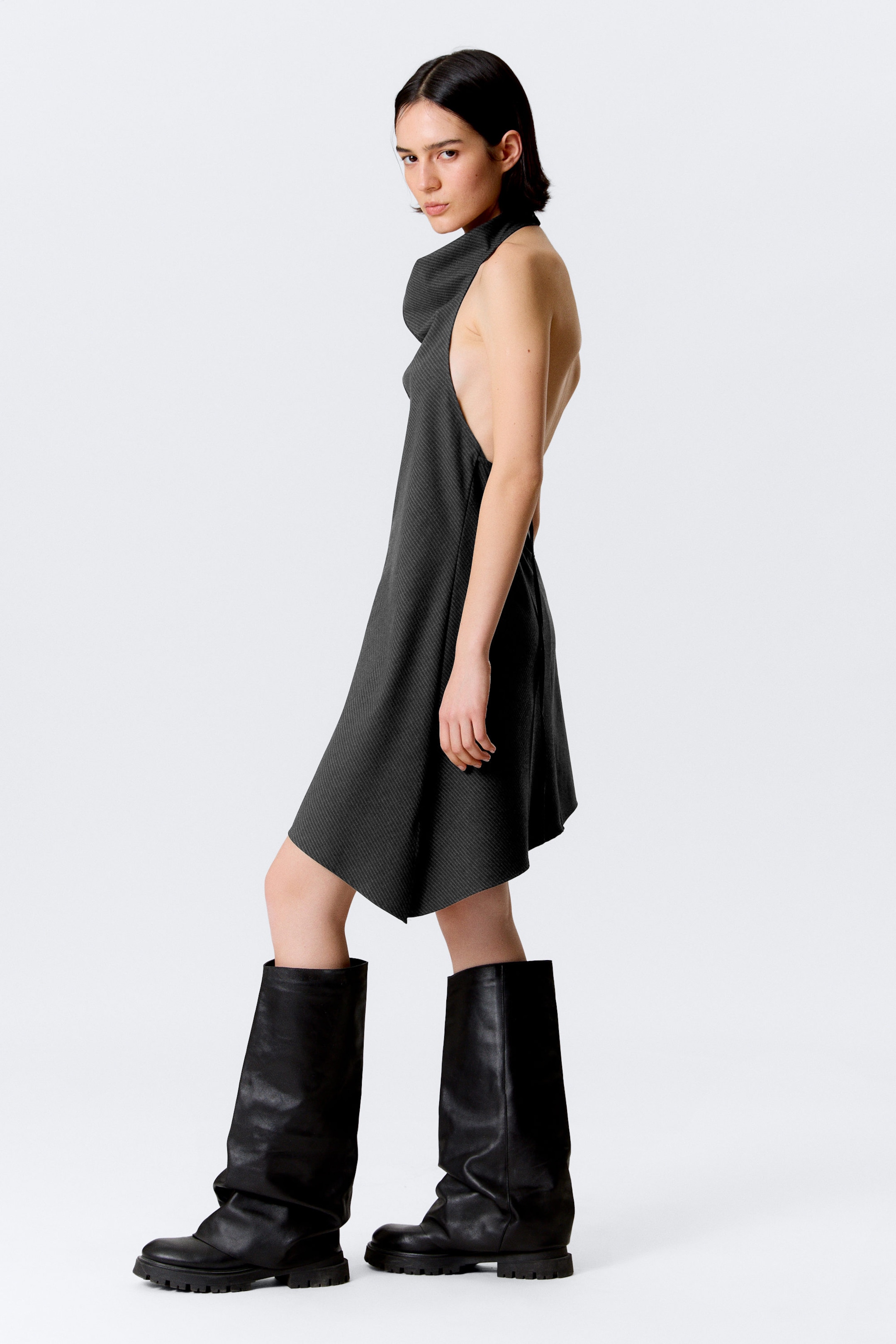 Striped Dark Grey - Draped Halter Cowl Neck Midi Dress - 2