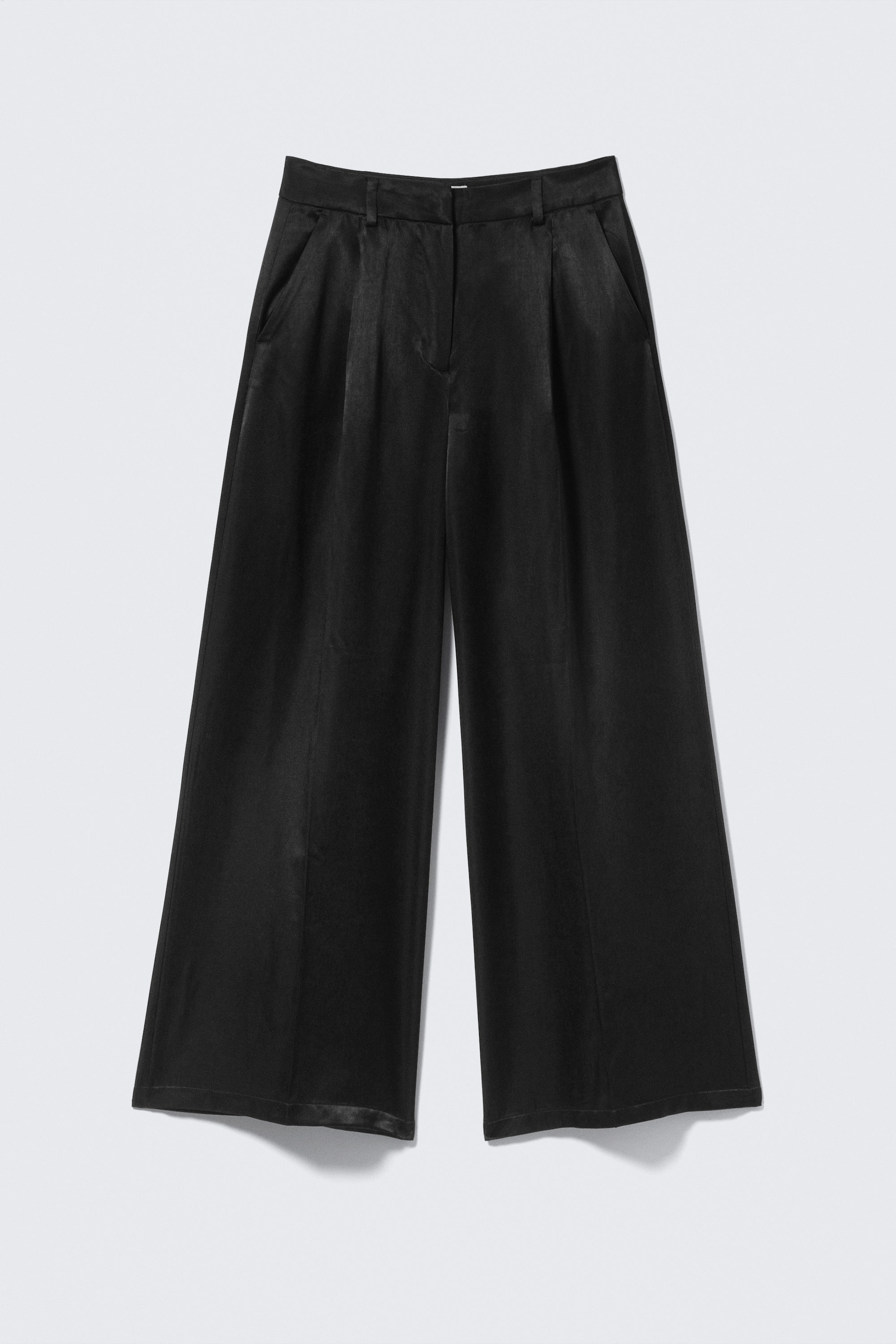Black - High Waisted Wide Leg Satin Trousers - 3