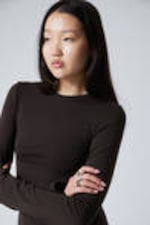 Dark Brown - Long Sleeve Cotton Top - 1