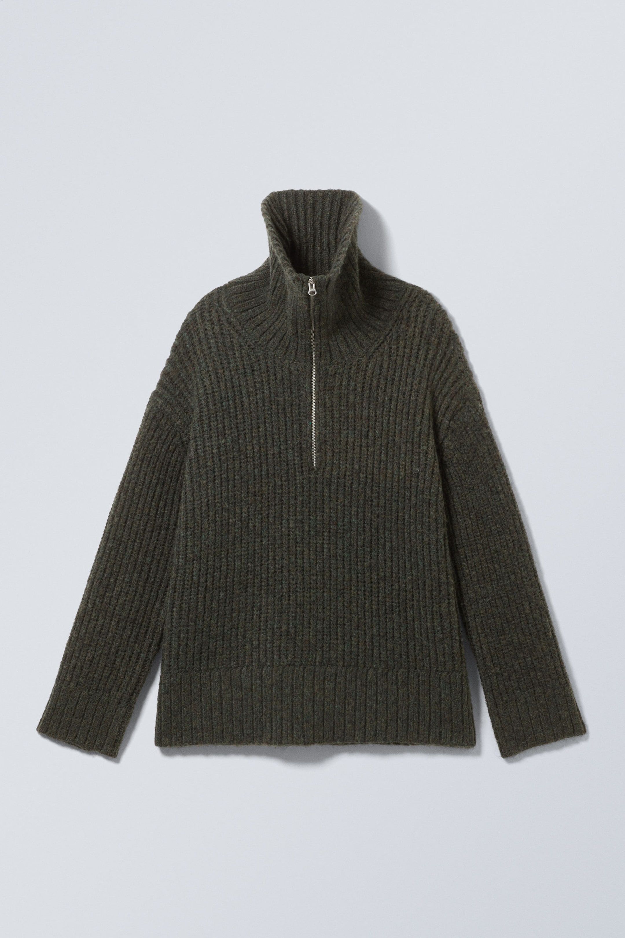 Dark Green - Rib-Knit Half-Zip Turtleneck Sweater - 1