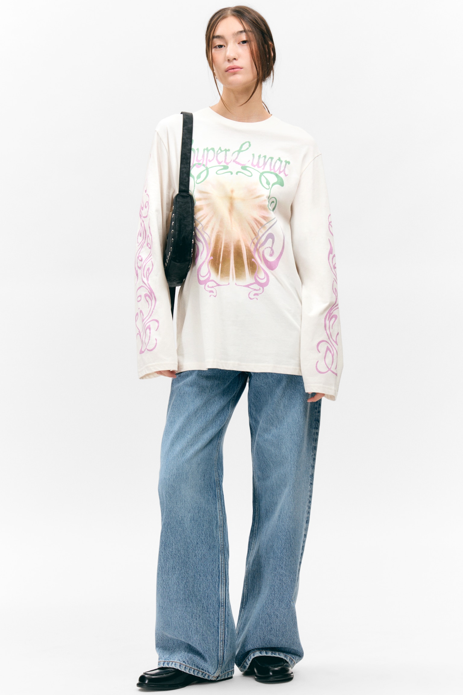 Printed Long-Sleeved Cotton T-shirt - White - Hyper Lunar