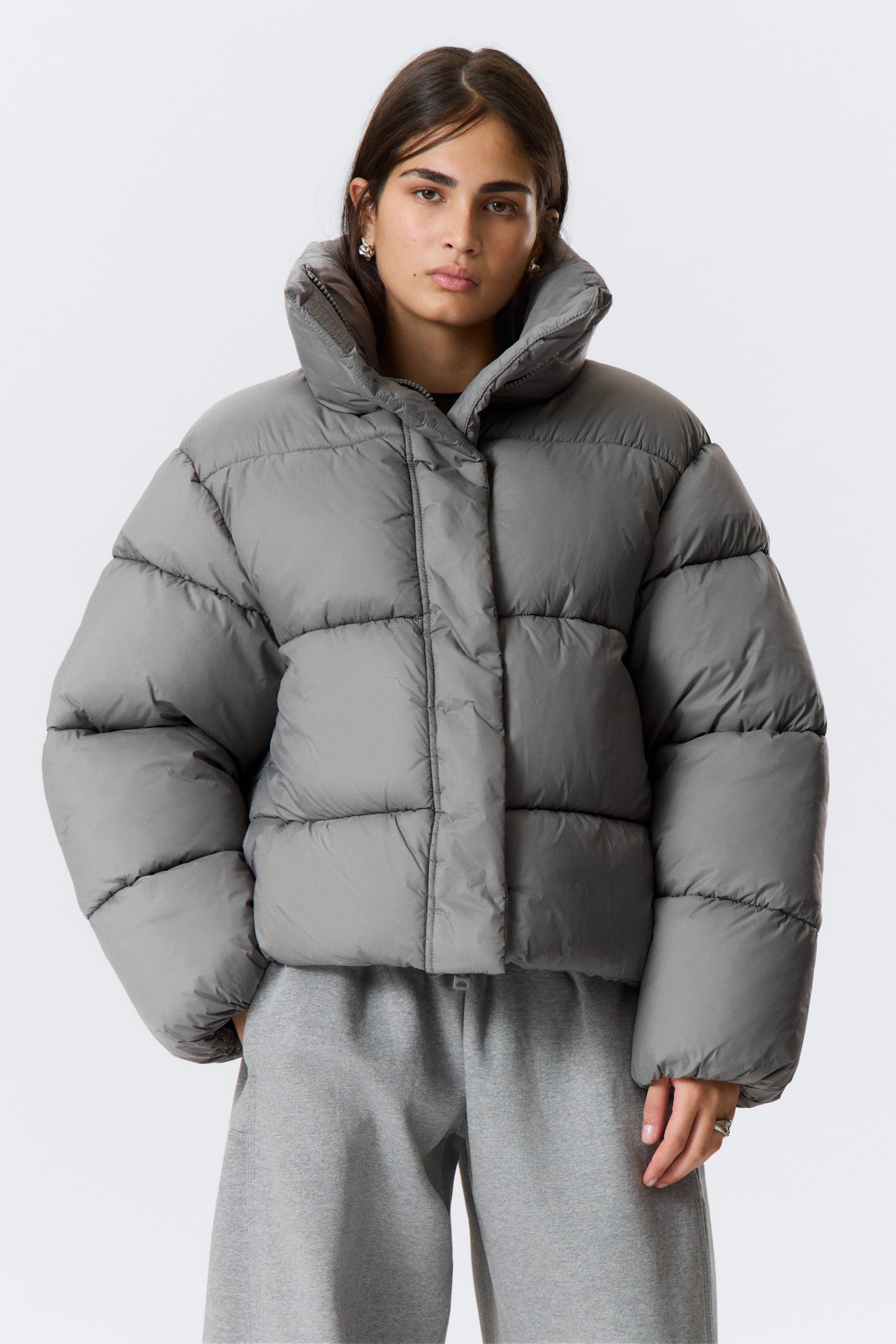 Grey - Short Oversized Puffer Jacket - 2