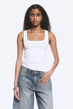 White - Slim Square Neck Ribbed Tank Top - 0
