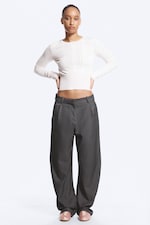 Dark Grey Melange - Loose Fit Barrel Leg Suiting Trousers - 0