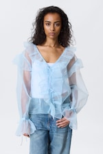 Light Blue - Transparent Frilled V-neck Blouse - 3
