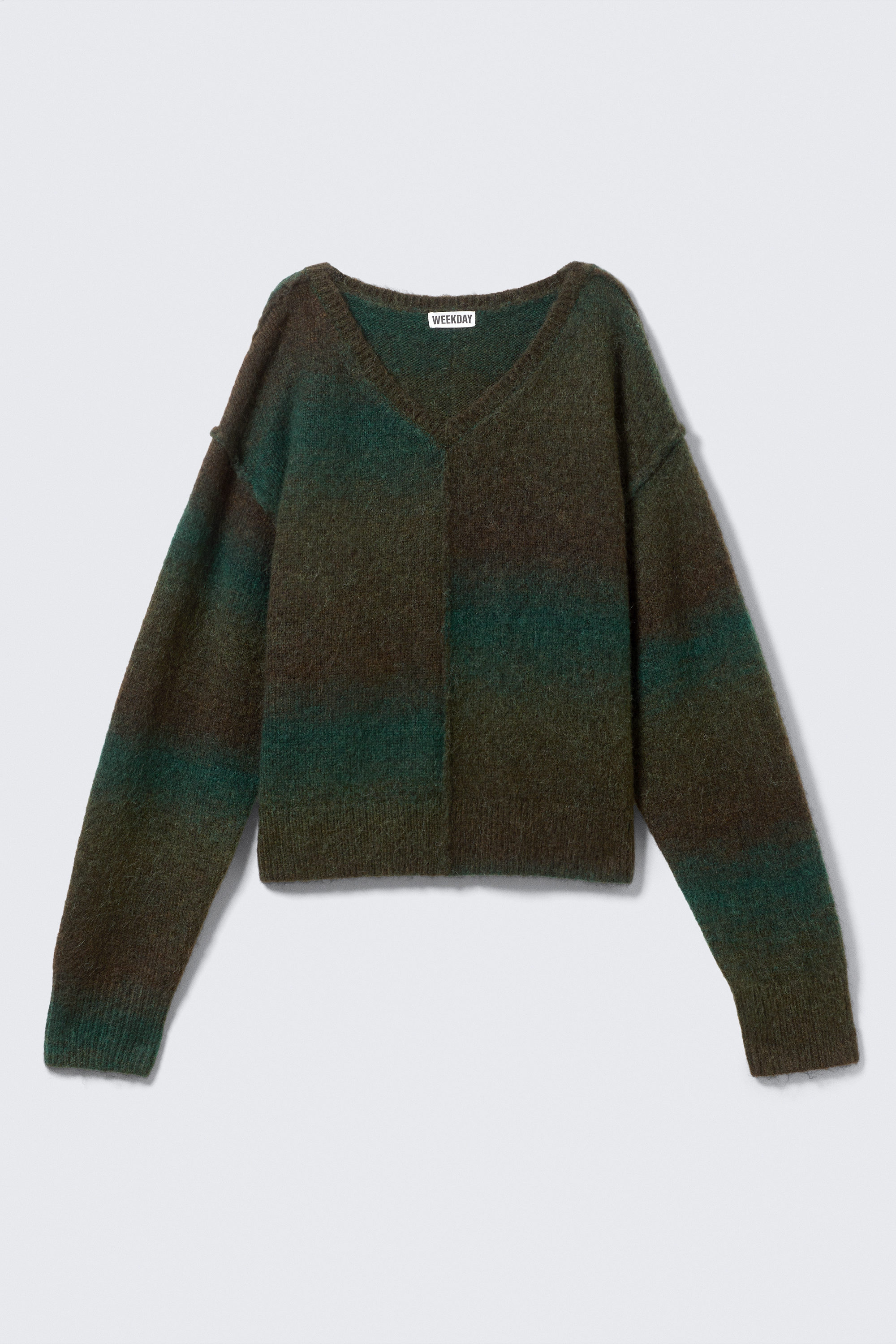 Dark Green - Space Dye - Space Dye V-Neck Knitted Sweater - 1