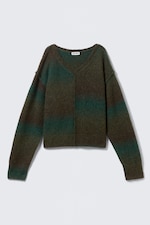 Dark Green - Space Dye - Space Dye V-Neck Knitted Sweater - 4