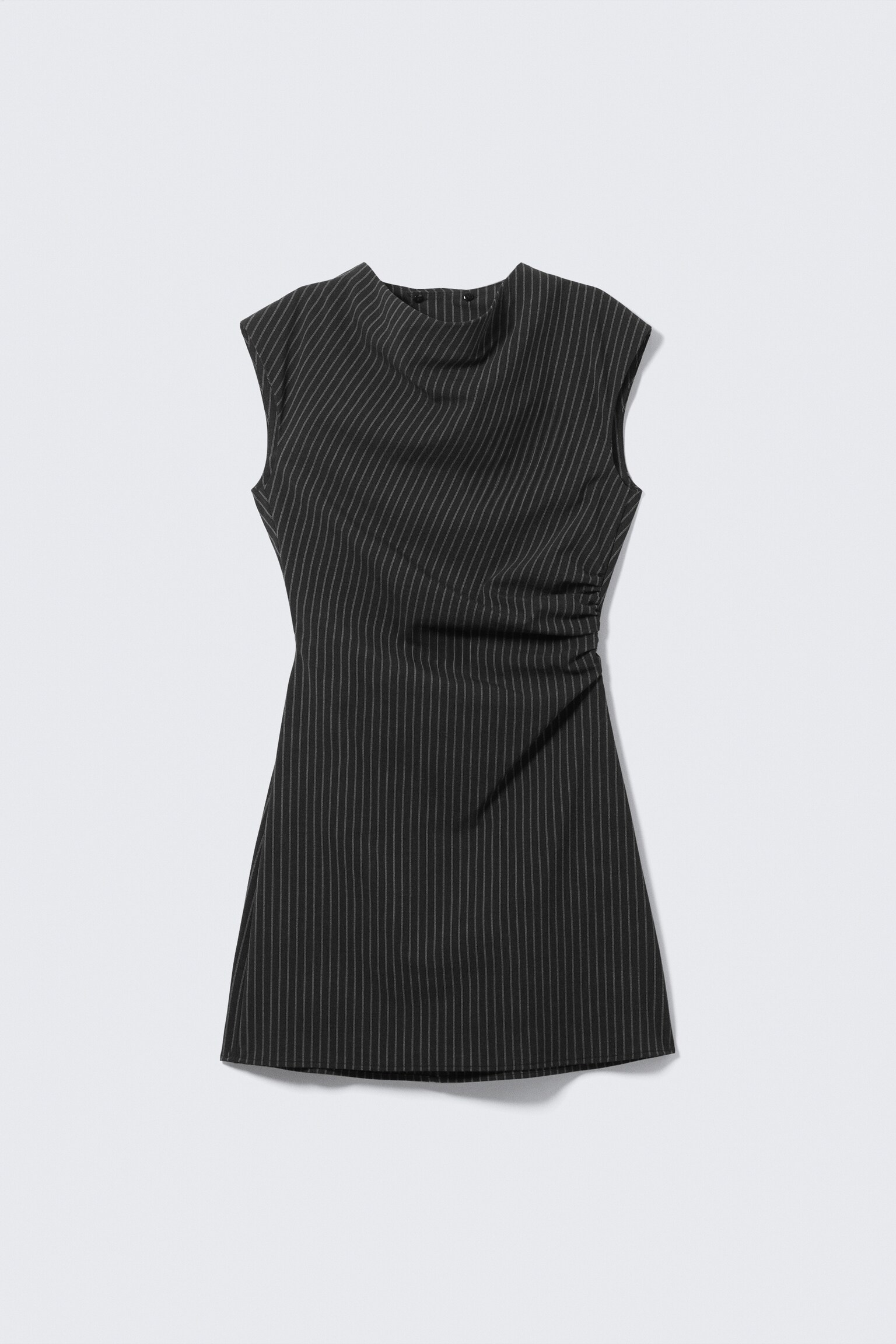 Draped Cap-Sleeved Mini Suiting Dress - Black Striped - 5