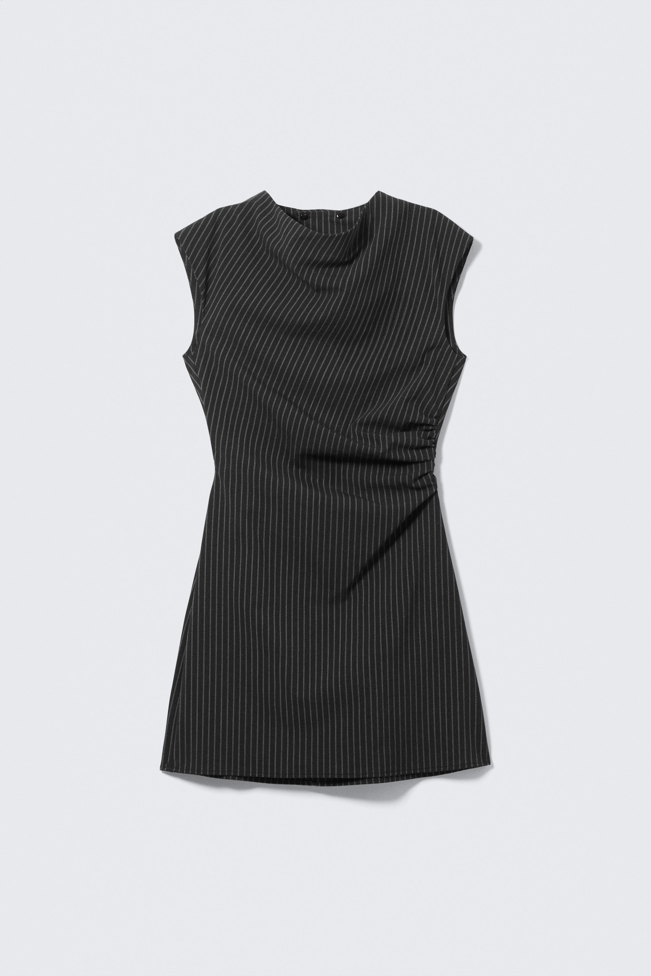 Noir rayé - Robe de tailleur courte drapée à manches courtes - 3