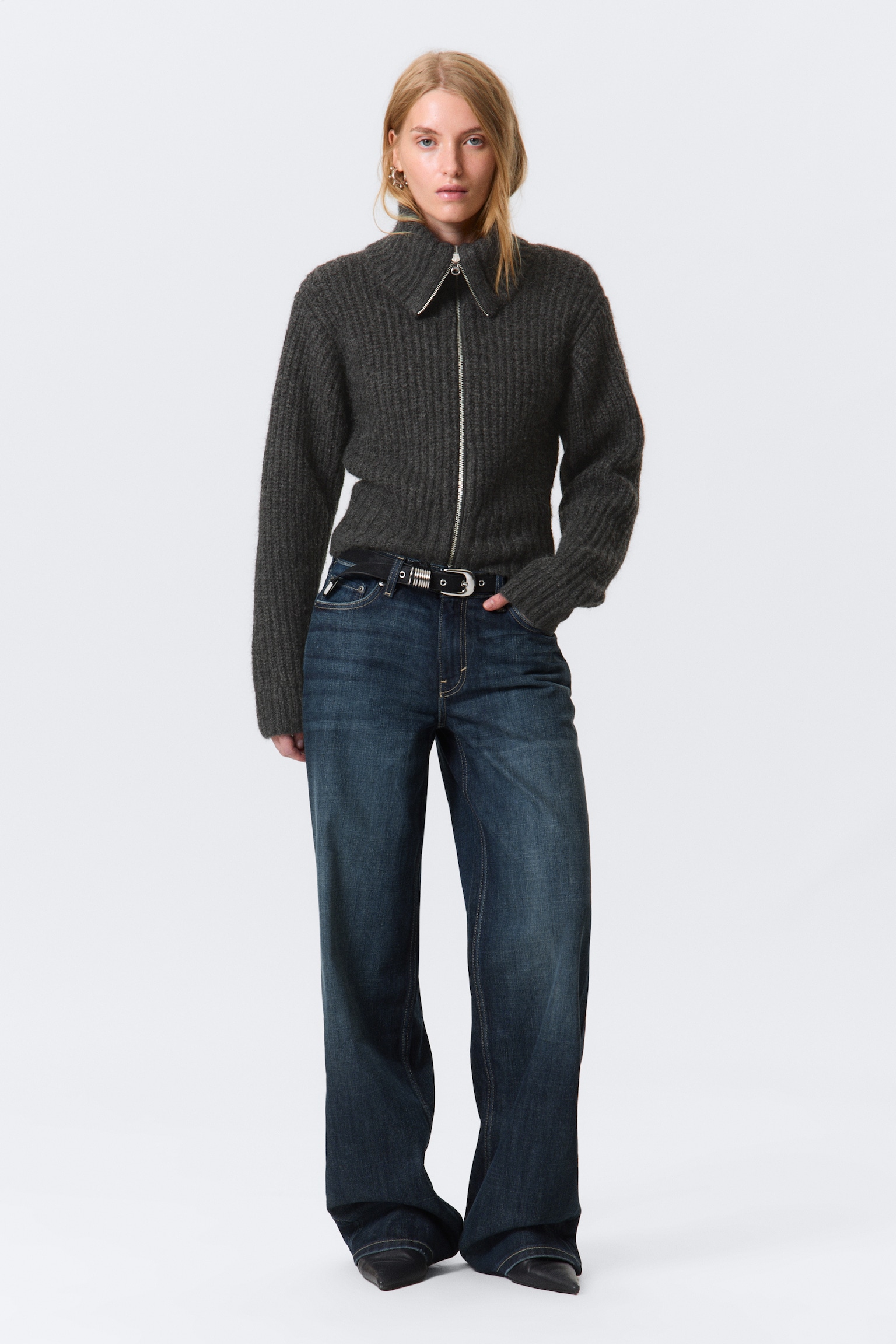 Ribbed Zip-Up Knit Cardigan - Dark Grey Melange/Dark Red Melange - 3