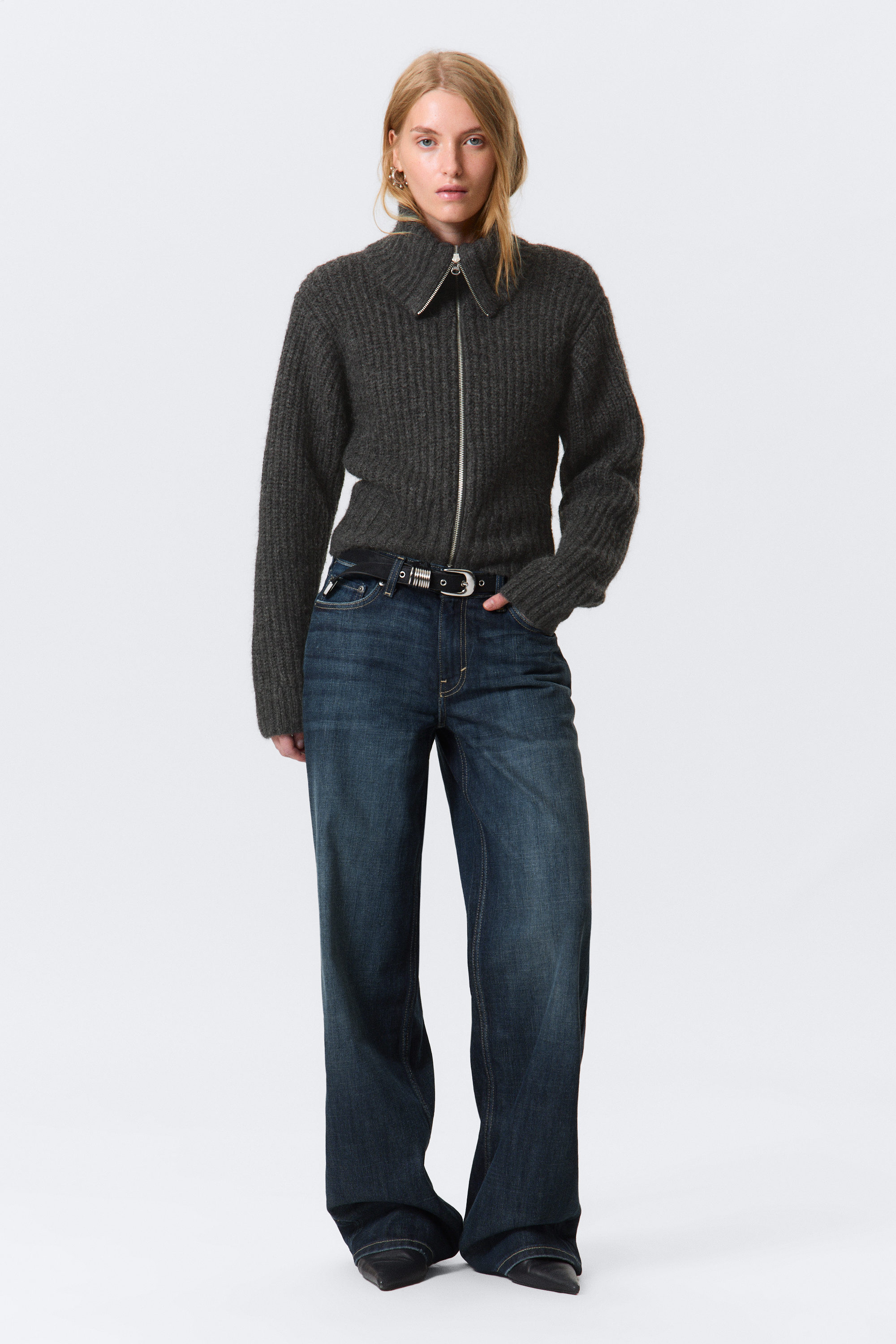 Mörkgråmelerad - Ribbstickad cardigan med dragkedja - 2