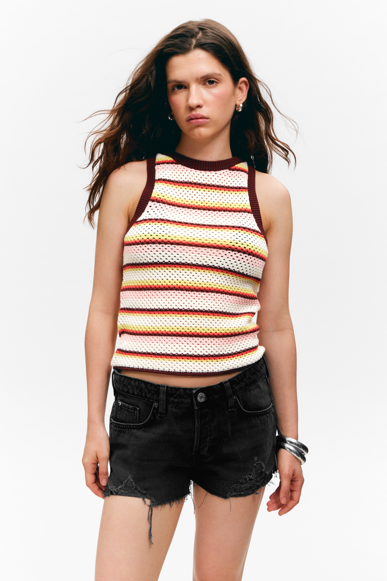 Open-Knit Cotton Tank Top - Multi Stripe/Orange Tie-Dye - 1