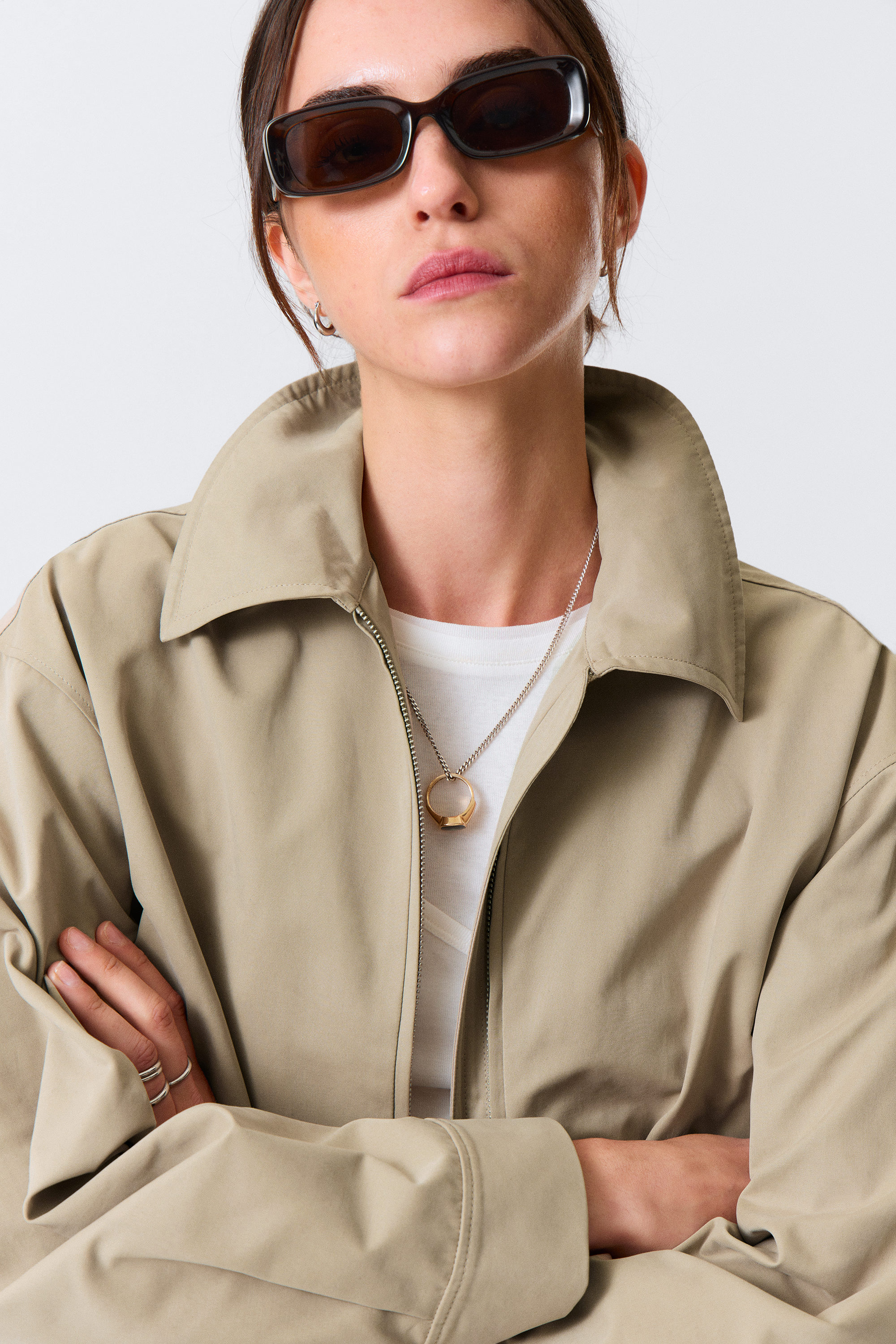 Beige - Boxy Baumwolljacke mit Reißverschluss - 4