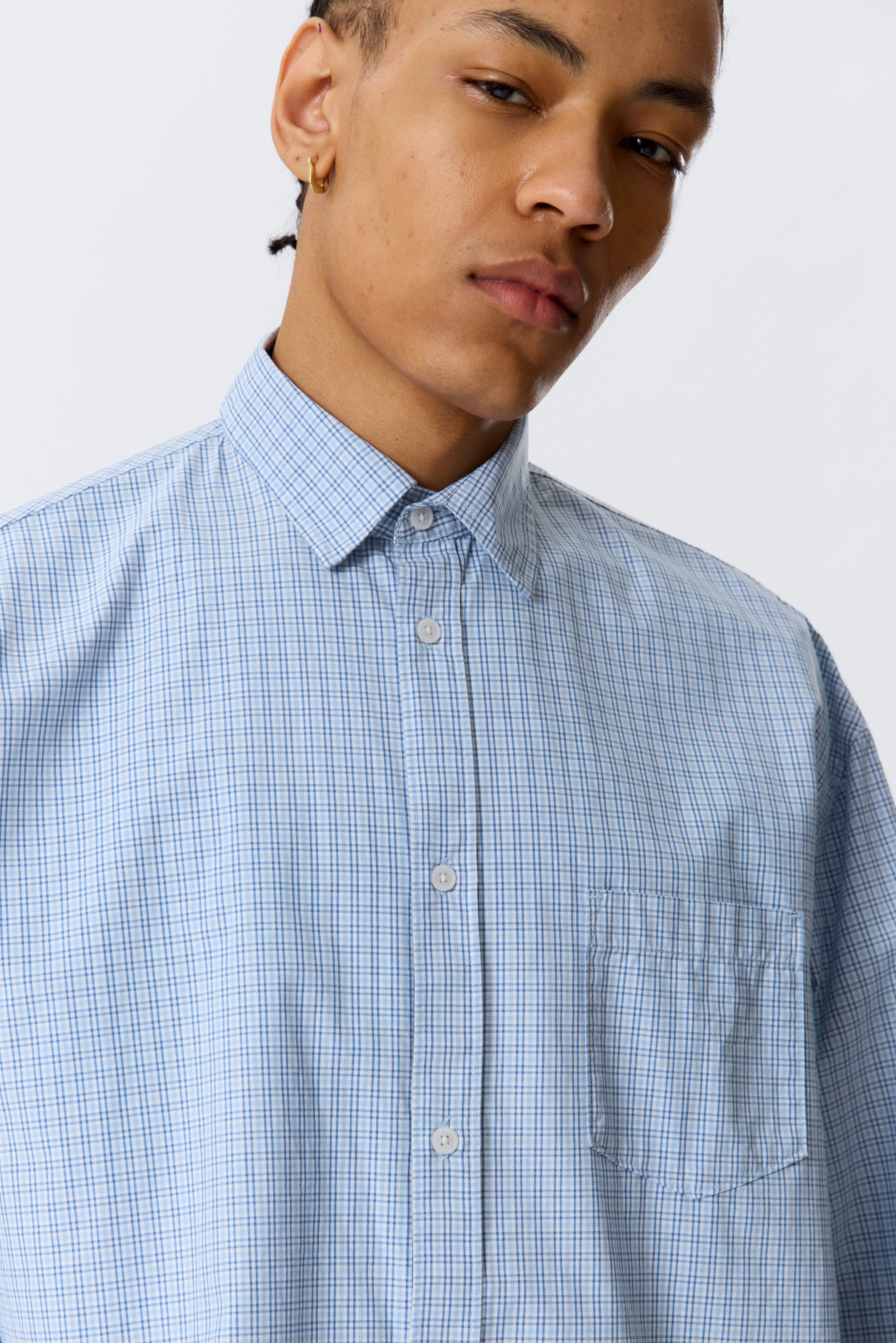 Checked Blue - Boxy Long-Sleeved Cotton Poplin Shirt - 2