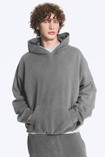 Tvättad Grå - Ledig Hoodie i kraftig bomull - 0