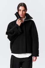 Black - Loose Fit Wool Jacket with Raglan Sleeves - 2