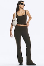 Dark Brown - Folded Waist Flared Yoga Tights - 0