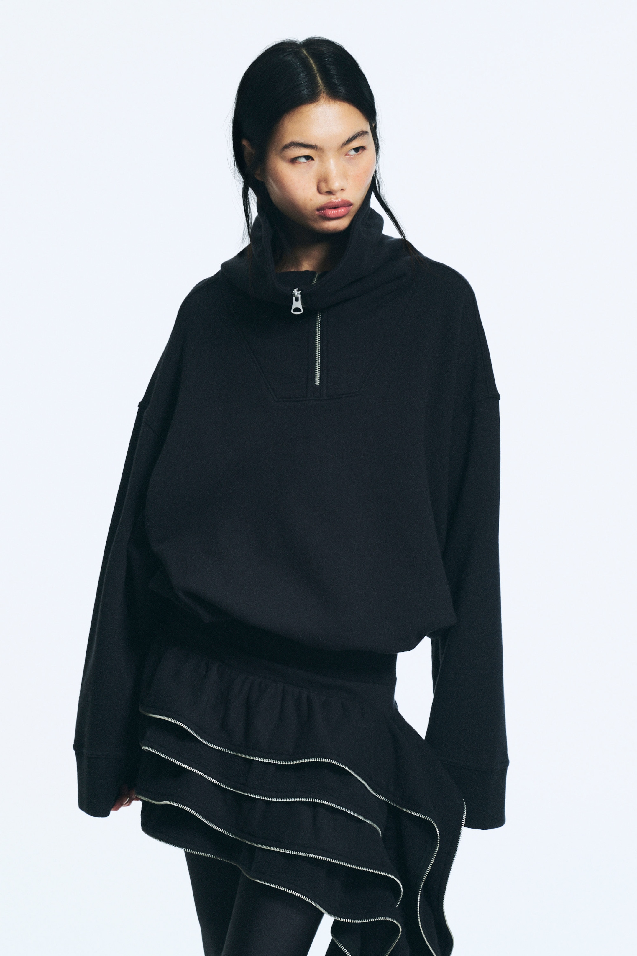 Dark Grey - Loose Fit Funnel-Neck Sweatshirt - 2