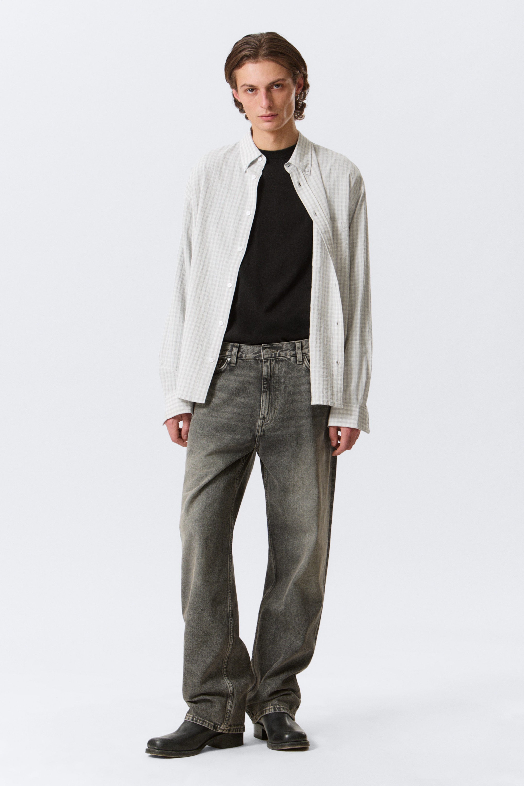 Checked Grey - Loose Structured Button-Down Shirt - 2